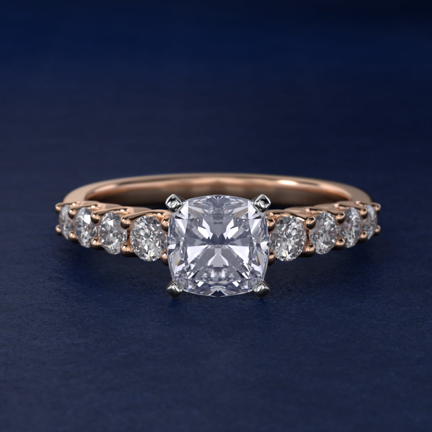 Graduated Side Stone Diamond Engagement Ring in 14k Rose Gold (3/8 ct. tw.) - Cushion Center