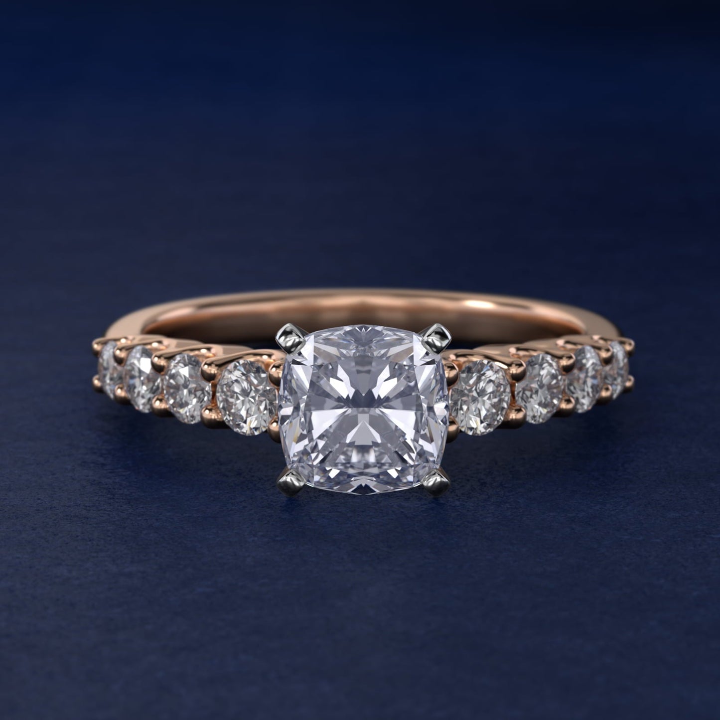 Graduated Side Stone Diamond Engagement Ring in 18k Rose Gold (3/8 ct. tw.) - Cushion Center