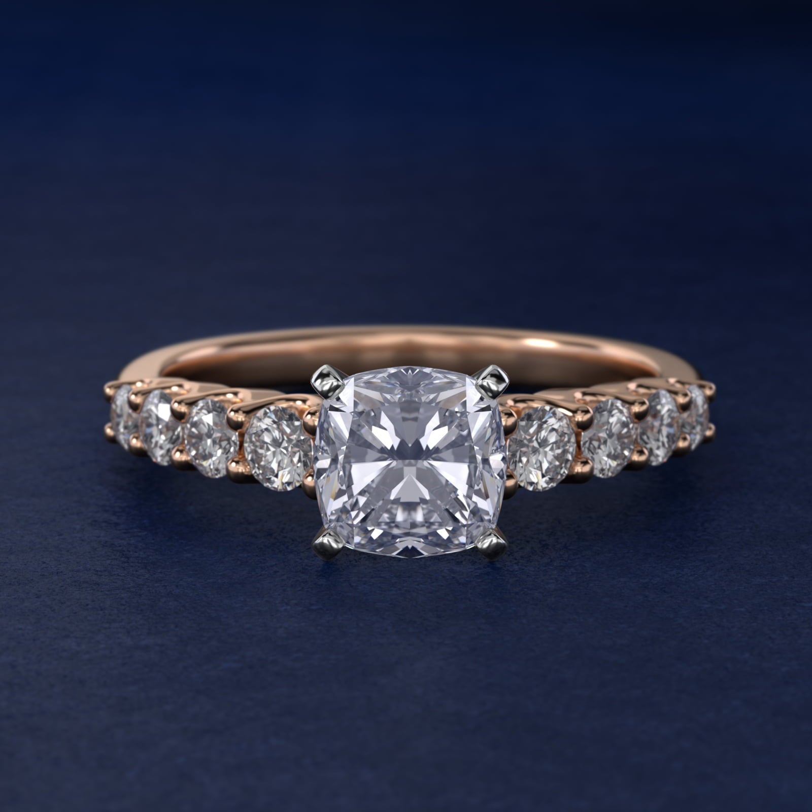 Graduated Side Stone Diamond Engagement Ring in 18k Rose Gold (3/8 ct. tw.) - Cushion Center