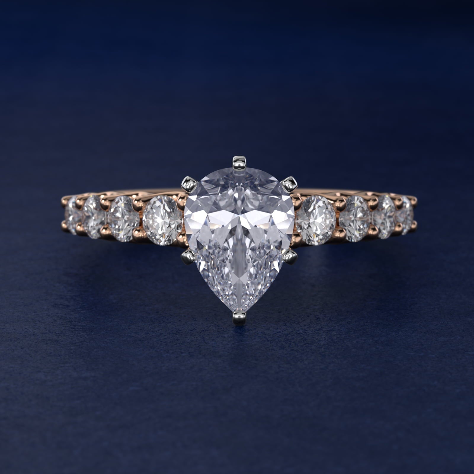 Graduated Side Stone Diamond Engagement Ring in 18k Rose Gold (3/8 ct. tw.) - Pear Center