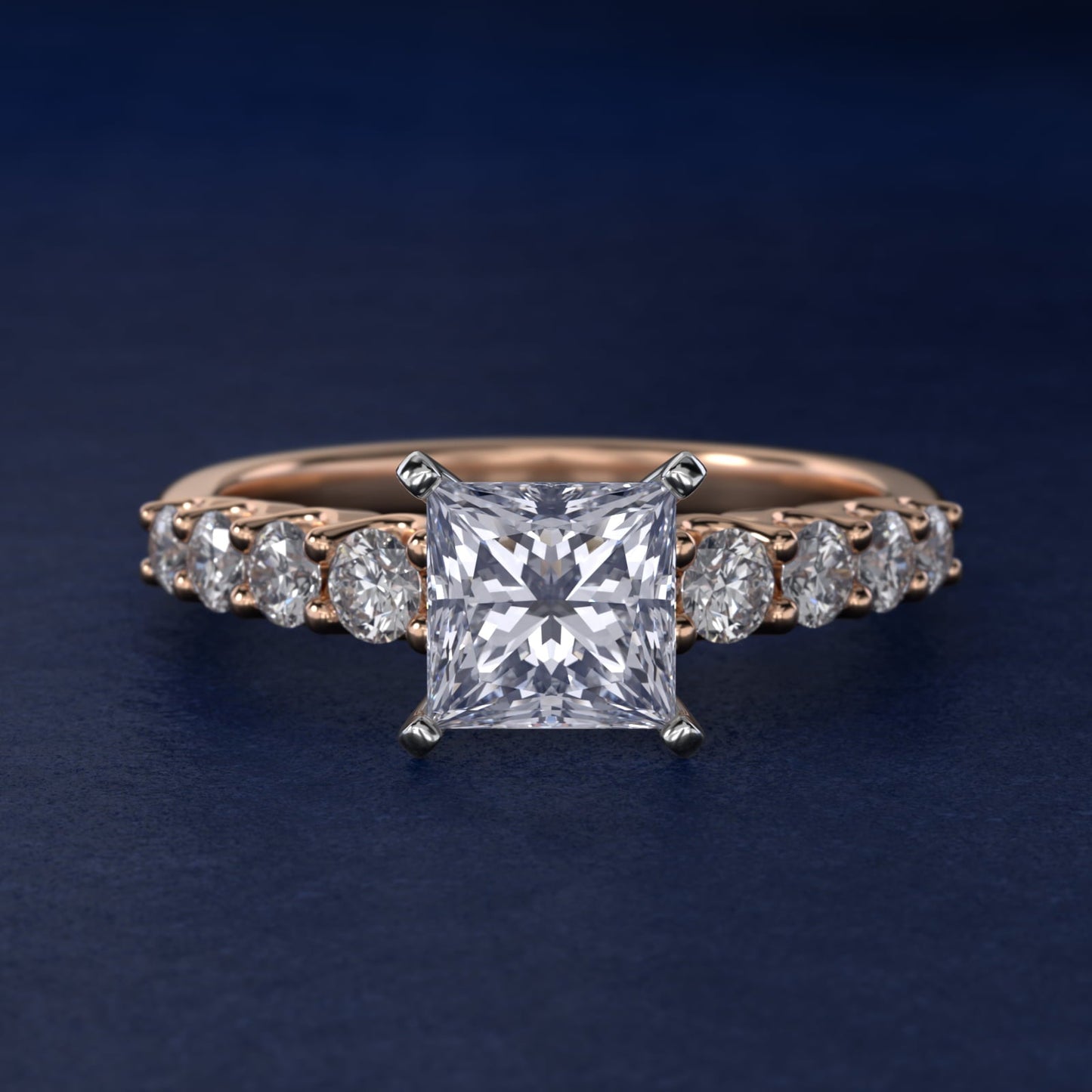 Graduated Side Stone Diamond Engagement Ring in 18k Rose Gold (3/8 ct. tw.) - Princess Center