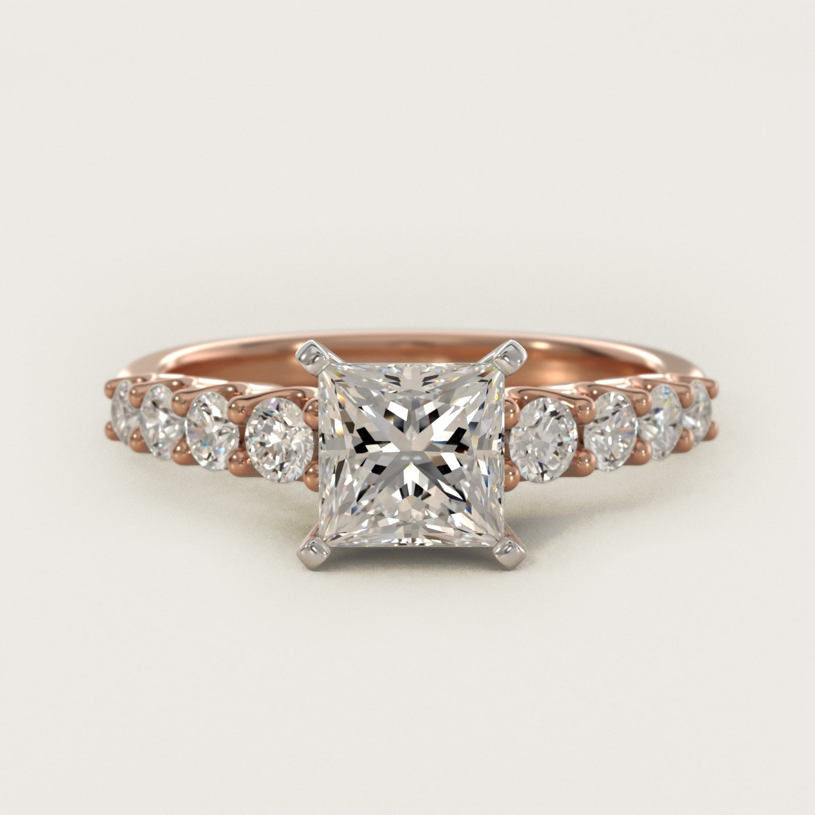 Graduated Side Stone Diamond Engagement Ring in 18k Rose Gold (3/8 ct. tw.) - Princess Center