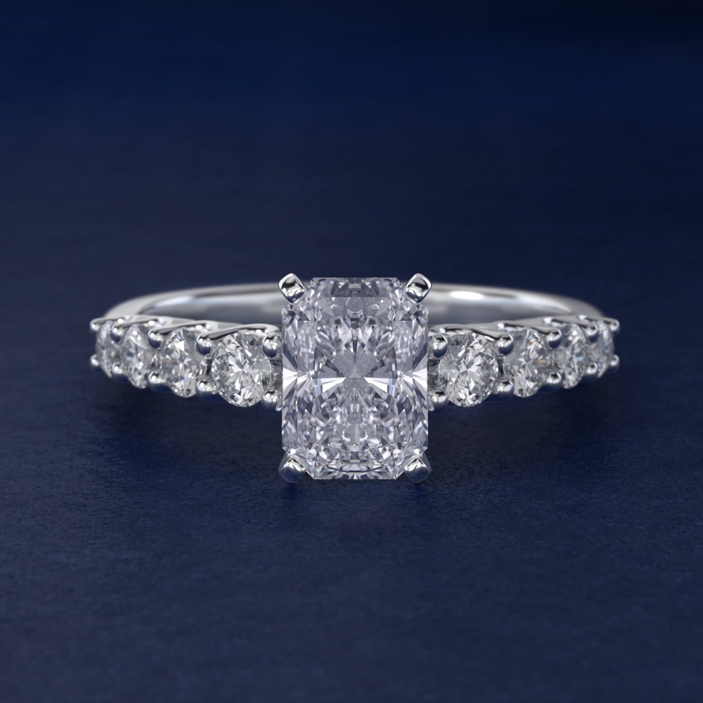 Graduated Side Stone Diamond Engagement Ring in 18k White Gold (3/8 ct. tw.) - Radiant Center