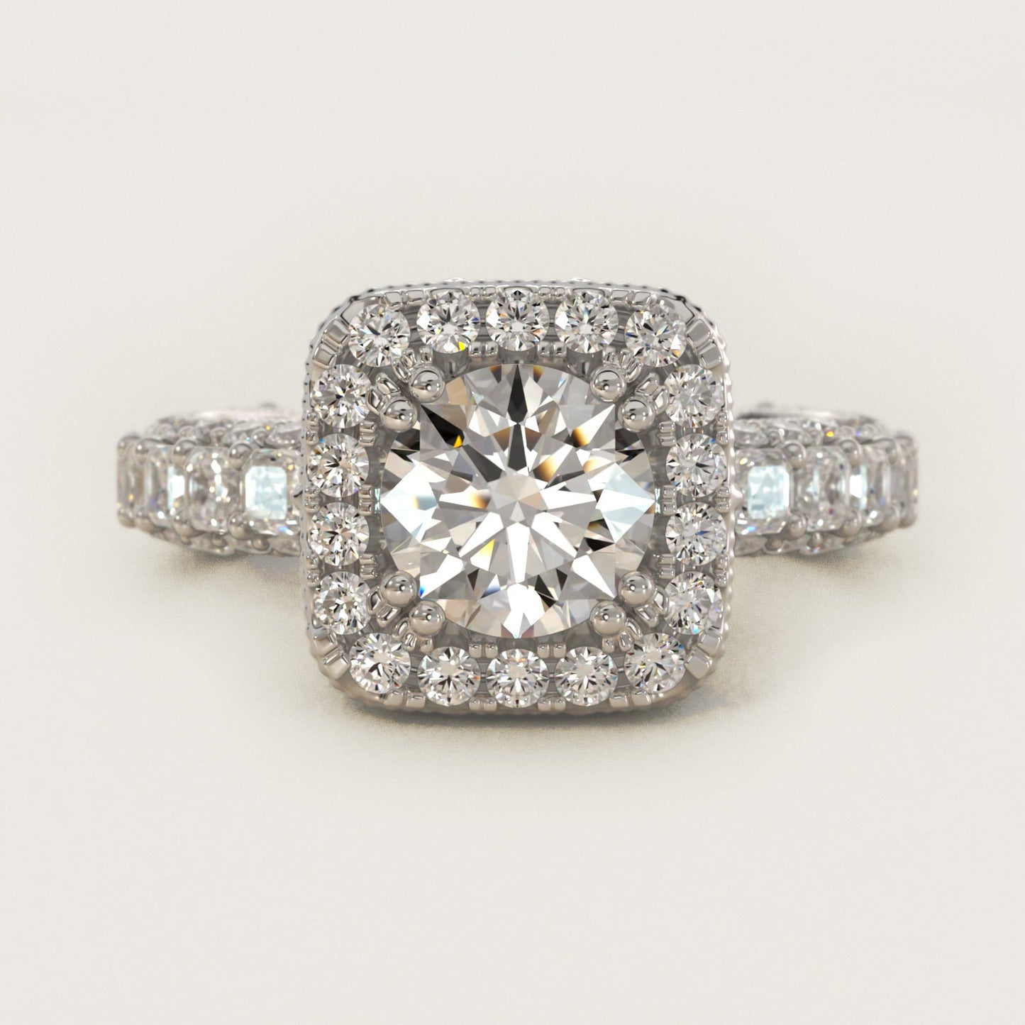 Grandeur Cushion Halo Diamond Engagement Ring in 18k White Gold (2 ct. tw.) By Bella Vaughan - Round Center