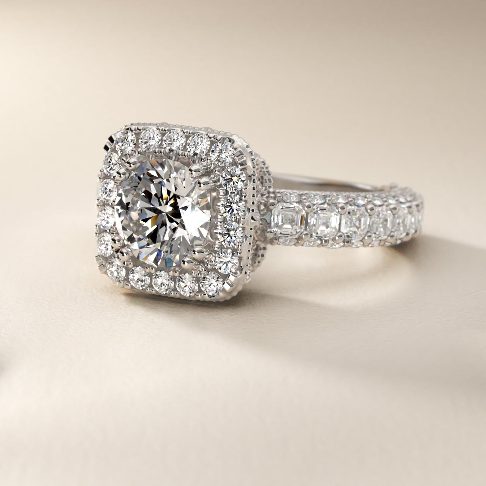 Grandeur Cushion Halo Diamond Engagement Ring in 14k White Gold (2 ct. tw.) By Bella Vaughan - Round Center