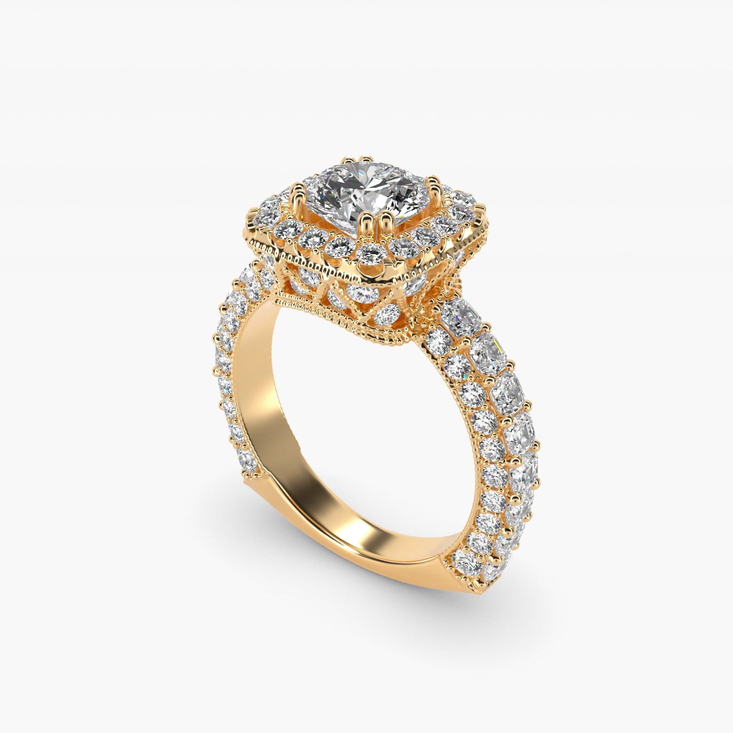 Grandeur Cushion Halo Diamond Engagement Ring in 18k Yellow Gold (2 ct. tw.) By Bella Vaughan - Round Center