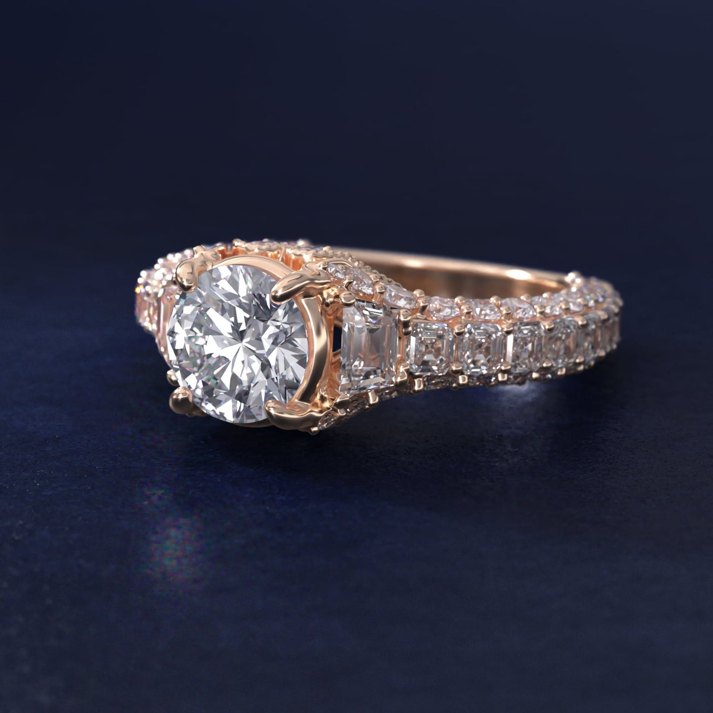Grandeur Trapezoid Diamond Engagement Ring in 18k Rose Gold (2 1/4 ct. tw.) By Bella Vaughan - Round Center