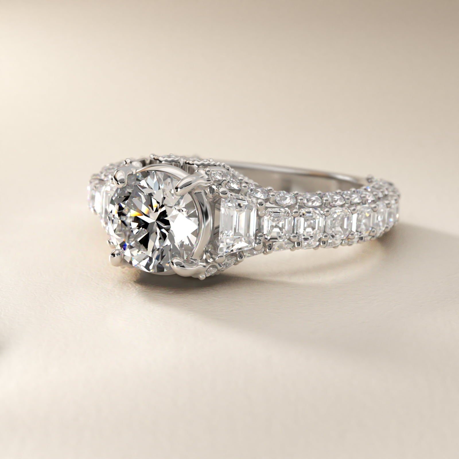 Grandeur Trapezoid Diamond Engagement Ring in 18k White Gold (2 1/4 ct. tw.) By Bella Vaughan - Round Center