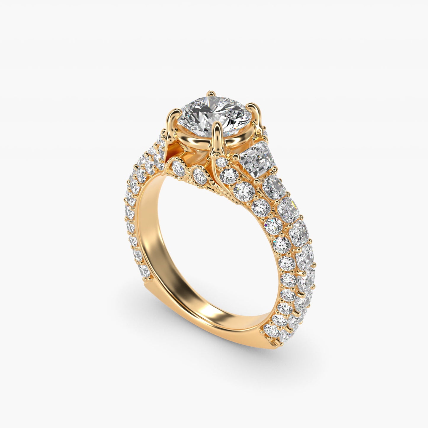 Grandeur Trapezoid Diamond Engagement Ring in 14K Yellow Gold (2 1/4 ct. tw.) By Bella Vaughan - Round Center
