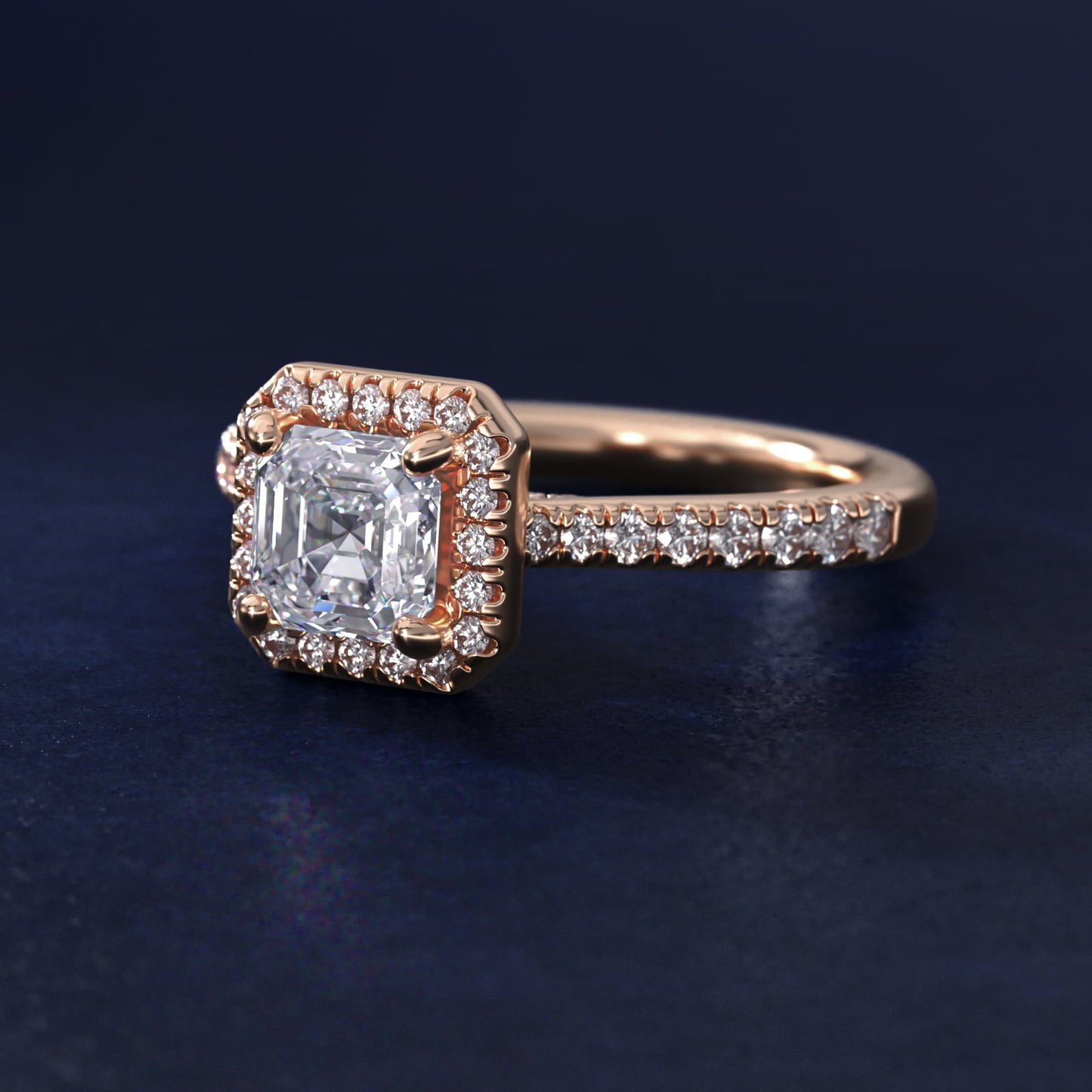 Halo Diamond Bridge Engagement Ring in 14k Rose Gold (1/3 ct. tw.) - Asscher Center
