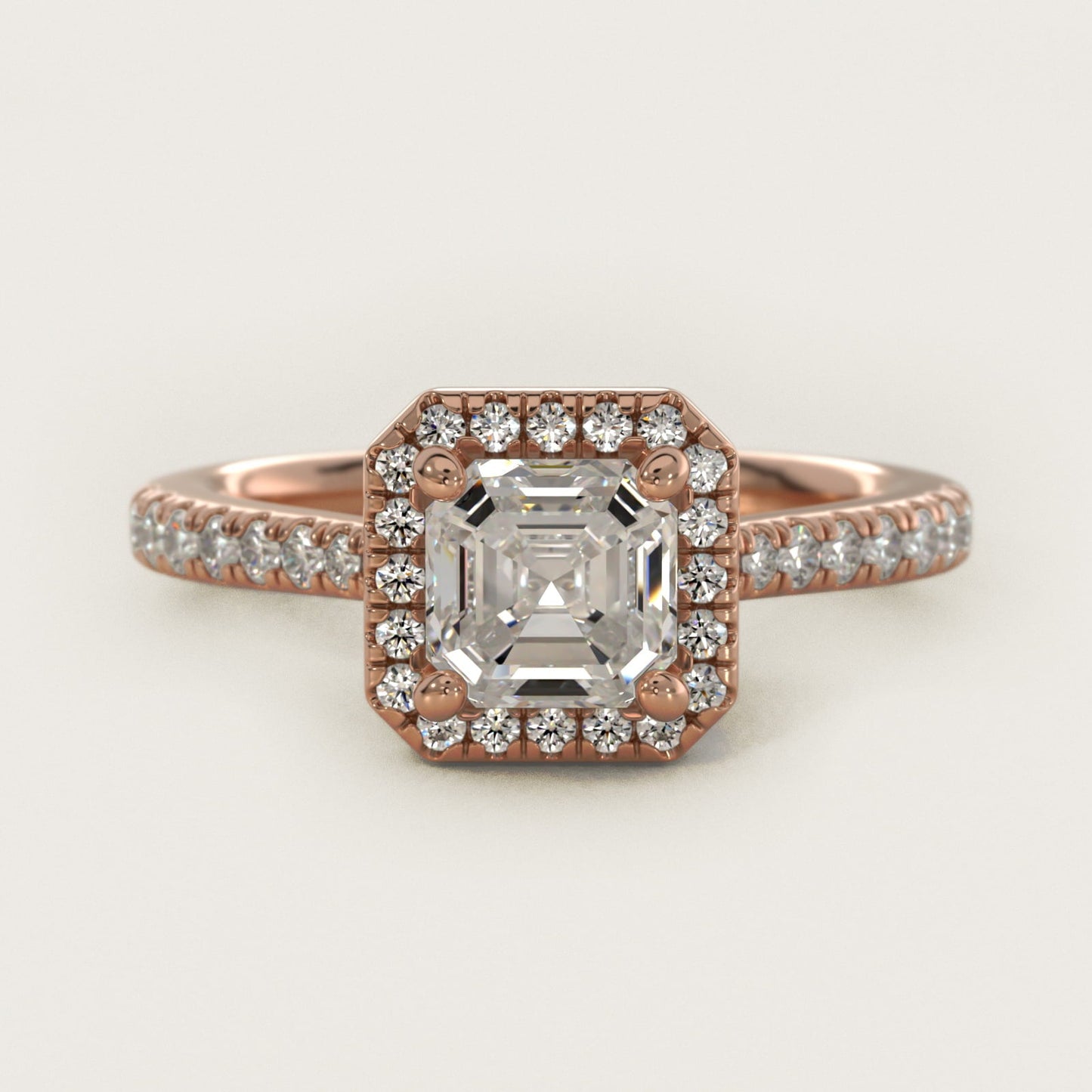 Halo Diamond Bridge Engagement Ring in 18k Rose Gold (1/3 ct. tw.) - Asscher Center