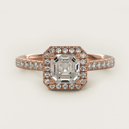 Halo Diamond Bridge Engagement Ring in 18k Rose Gold (1/3 ct. tw.) - Asscher Center