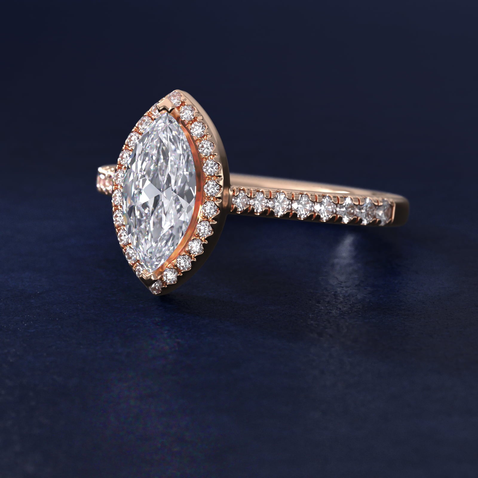 Halo Diamond Bridge Engagement Ring in 14k Rose Gold (1/3 ct. tw.) - Marquise Center