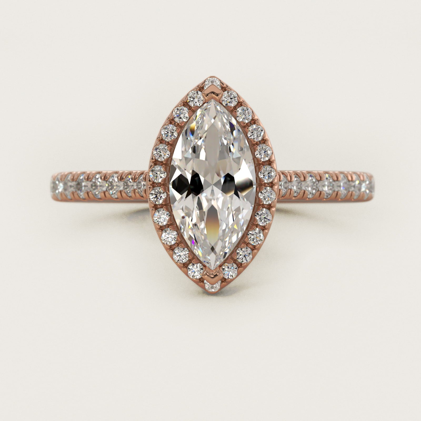 Halo Diamond Bridge Engagement Ring in 14k Rose Gold (1/3 ct. tw.) - Marquise Center
