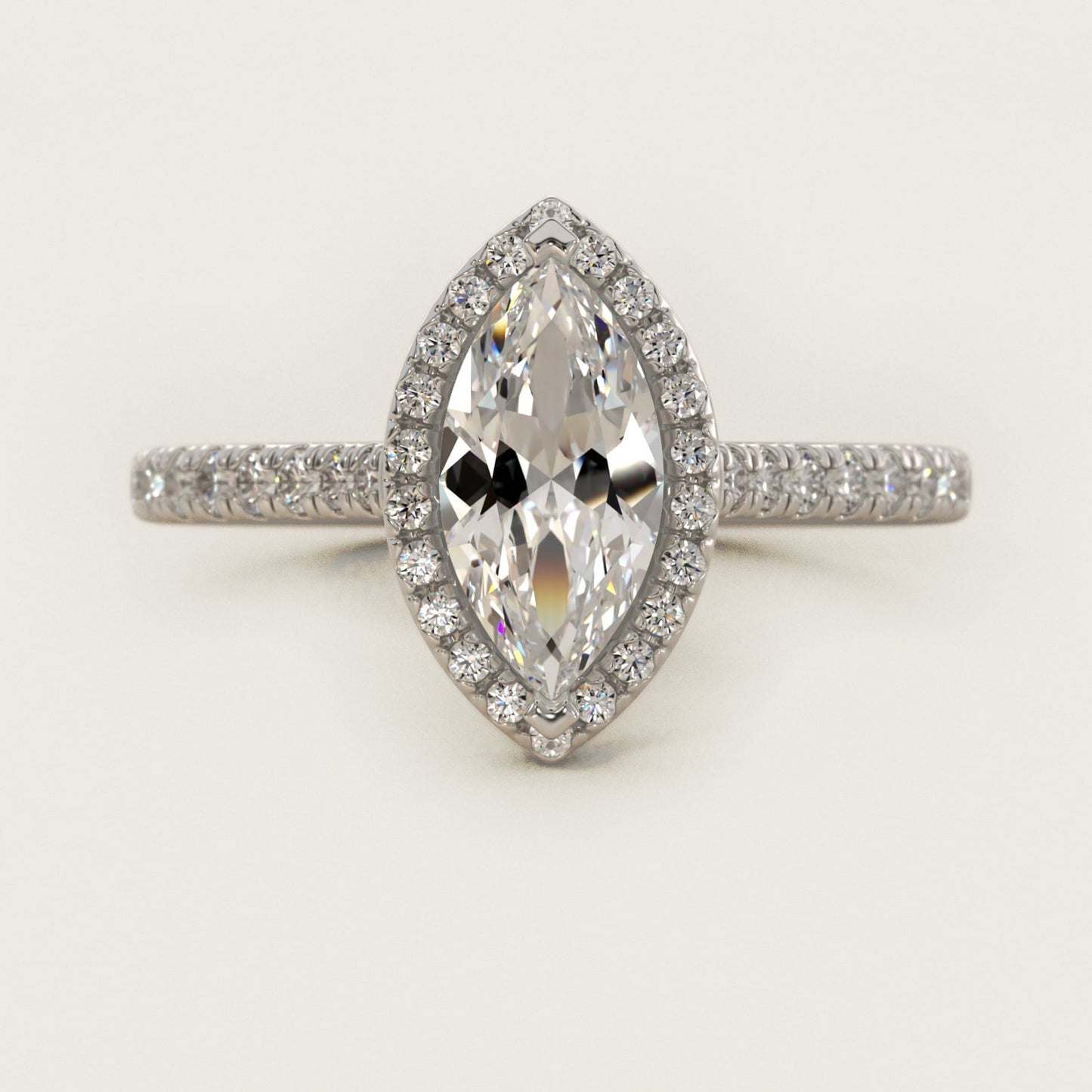 Halo Diamond Bridge Engagement Ring in 18k White Gold (1/3 ct. tw.) - Marquise Center