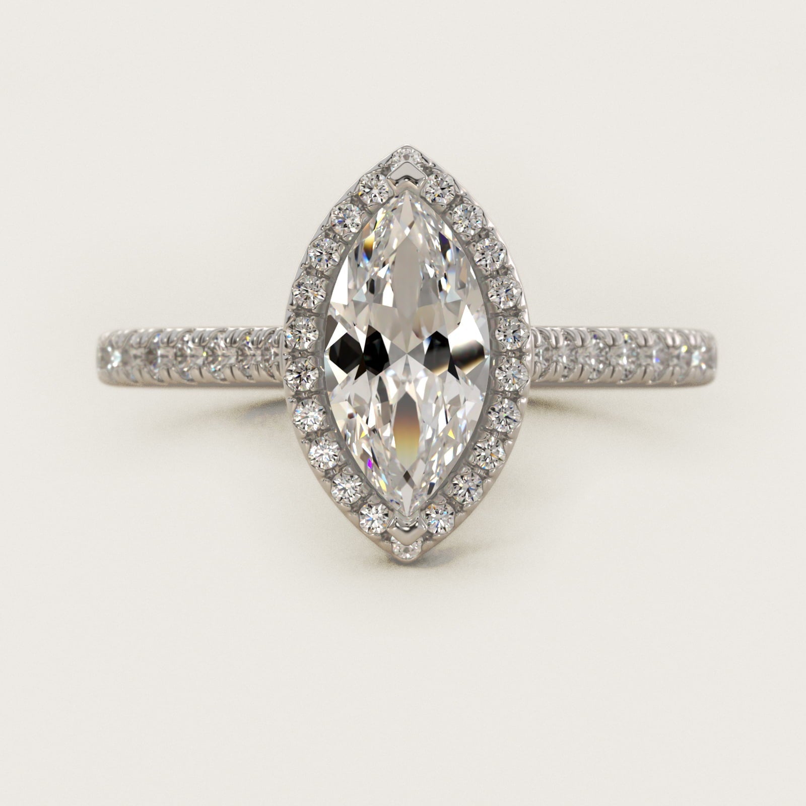 Halo Diamond Bridge Engagement Ring in 18k White Gold (1/3 ct. tw.) - Marquise Center