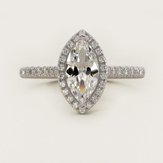 Halo Diamond Bridge Engagement Ring in 18k White Gold (1/3 ct. tw.) - Marquise Center
