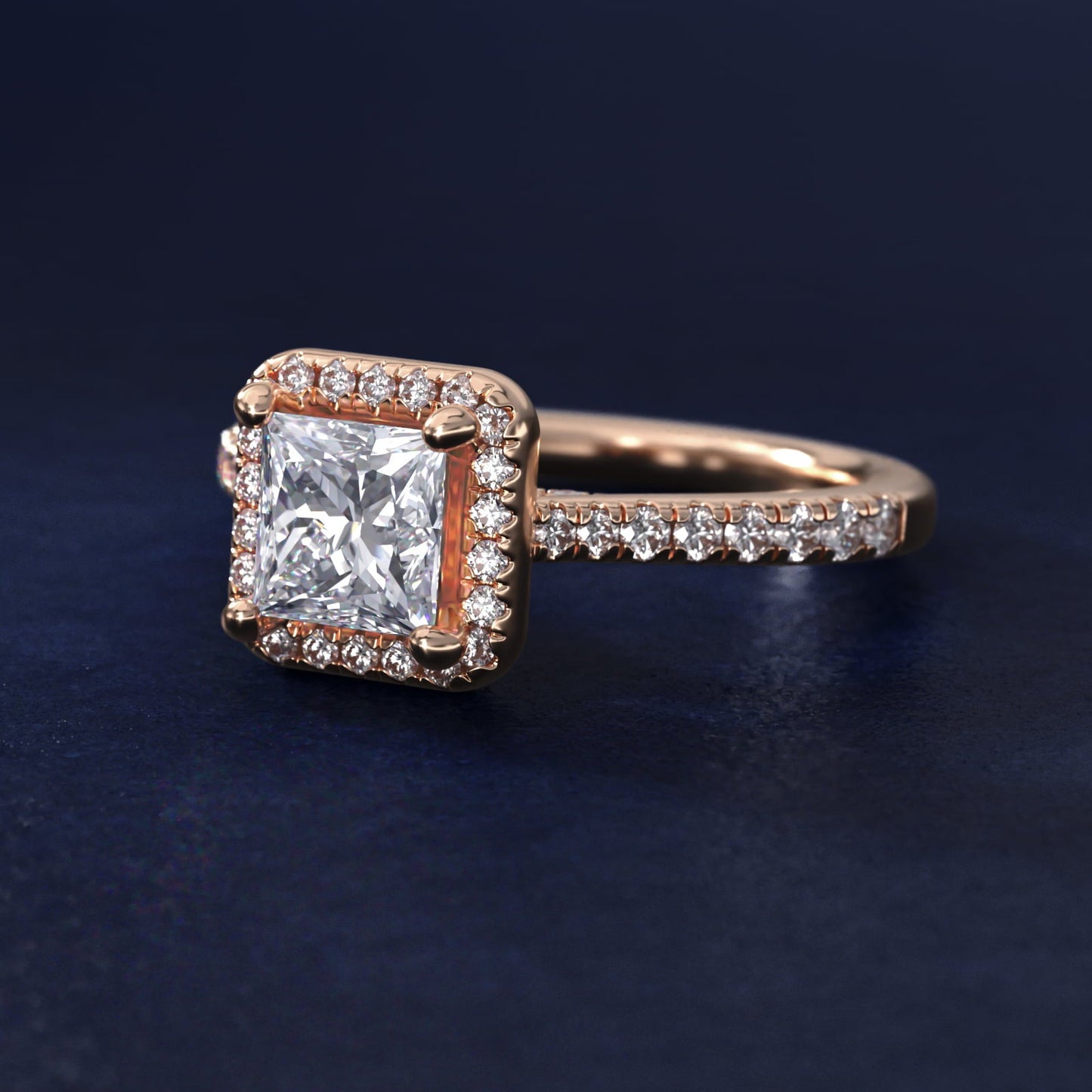 Halo Diamond Bridge Engagement Ring in 18k Rose Gold (1/3 ct. tw.) - Princess Center