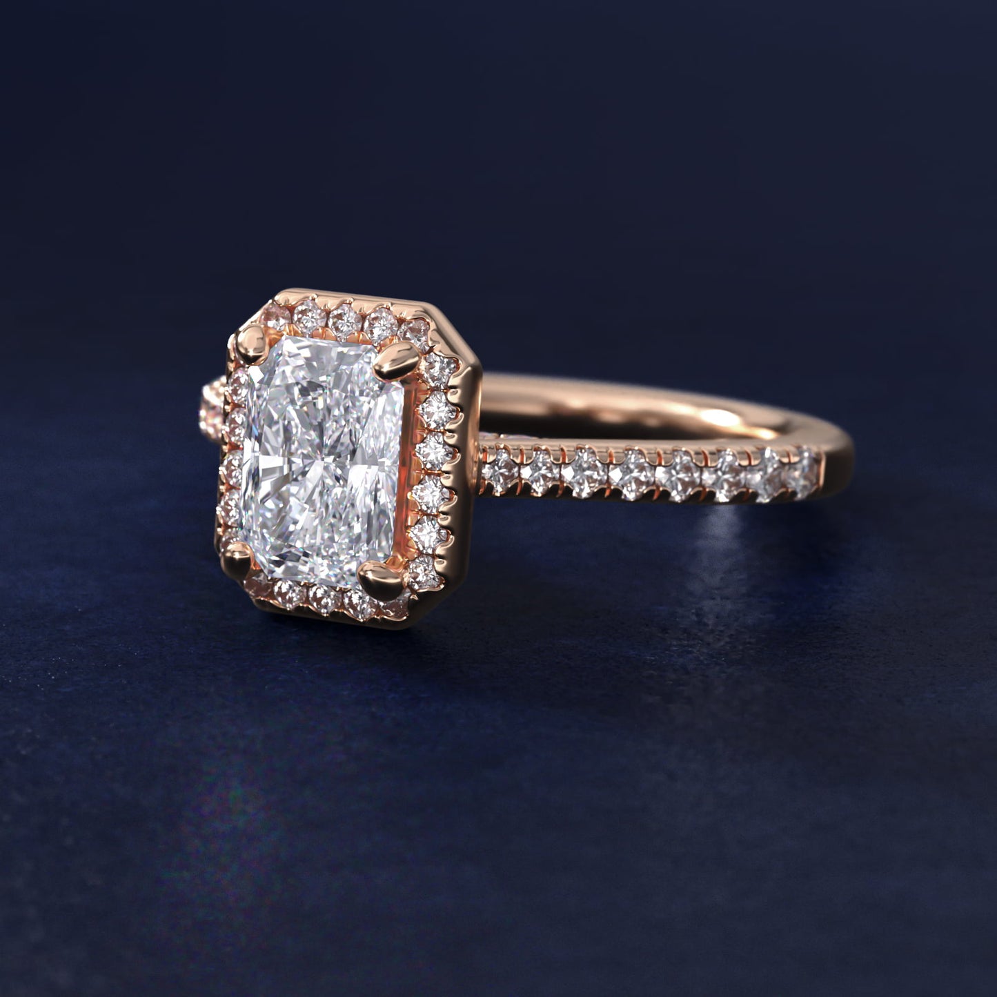 Halo Diamond Bridge Engagement Ring in 14k Rose Gold (1/3 ct. tw.) - Radiant Center