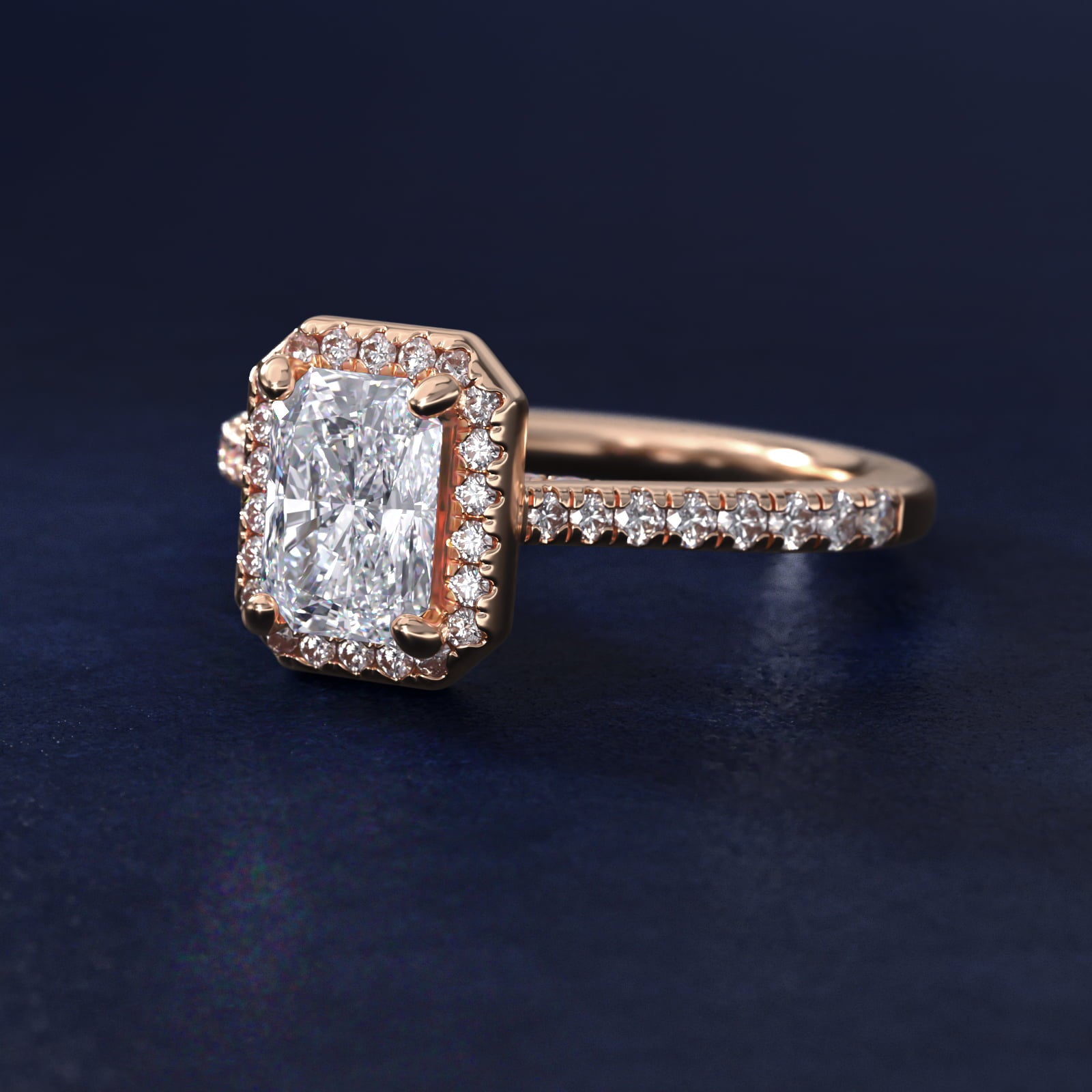 Halo Diamond Bridge Engagement Ring in 14k Rose Gold (1/3 ct. tw.) - Radiant Center