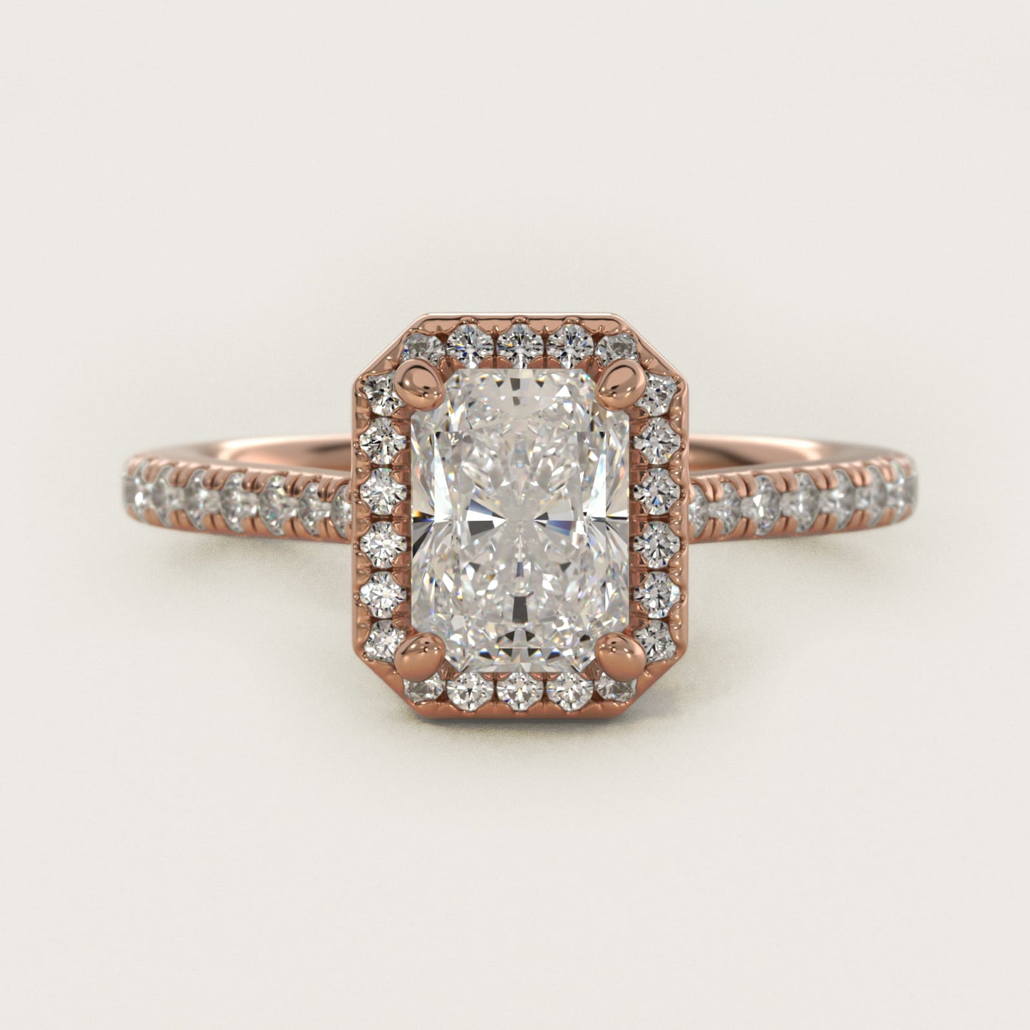 Halo Diamond Bridge Engagement Ring in 14k Rose Gold (1/3 ct. tw.) - Radiant Center