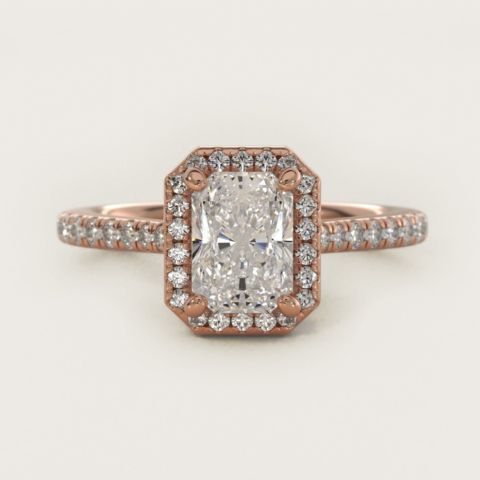 Halo Diamond Bridge Engagement Ring in 14k Rose Gold (1/3 ct. tw.) - Radiant Center