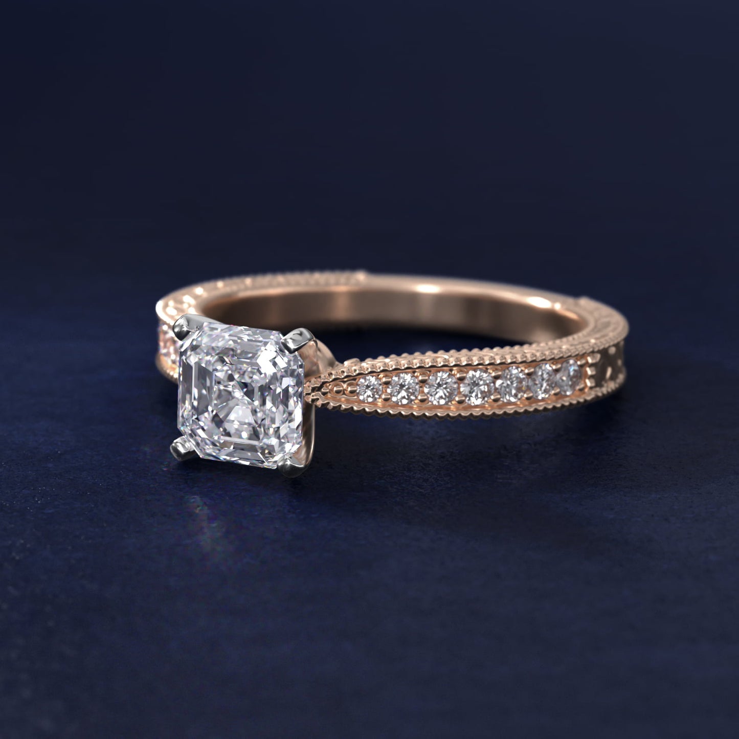 Hand-Engraved MicropavŽ Diamond Engagement Ring in 14k Rose Gold (1/6 ct. tw.) - Asscher Center