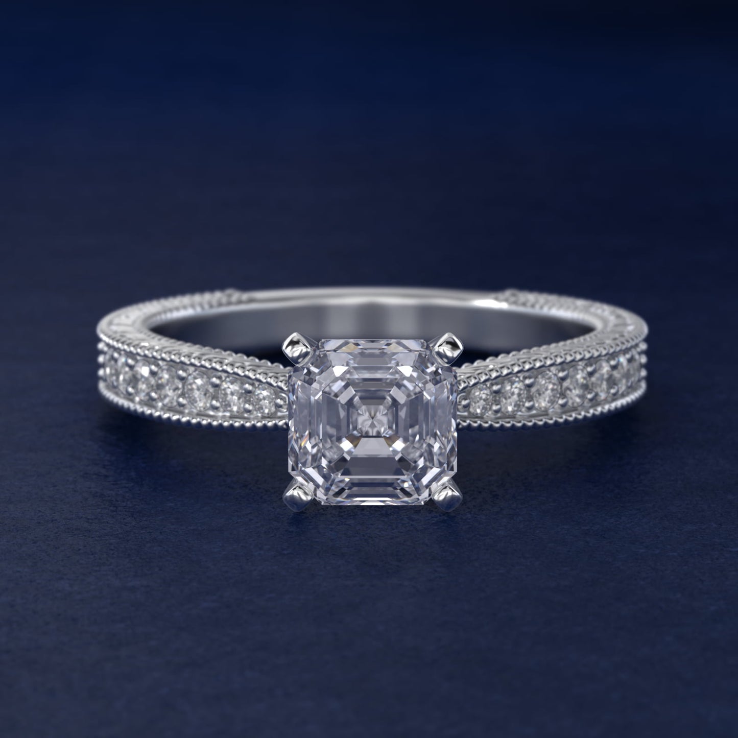 Hand-Engraved MicropavŽ Diamond Engagement Ring in 18k White Gold (1/6 ct. tw.) - Asscher Center