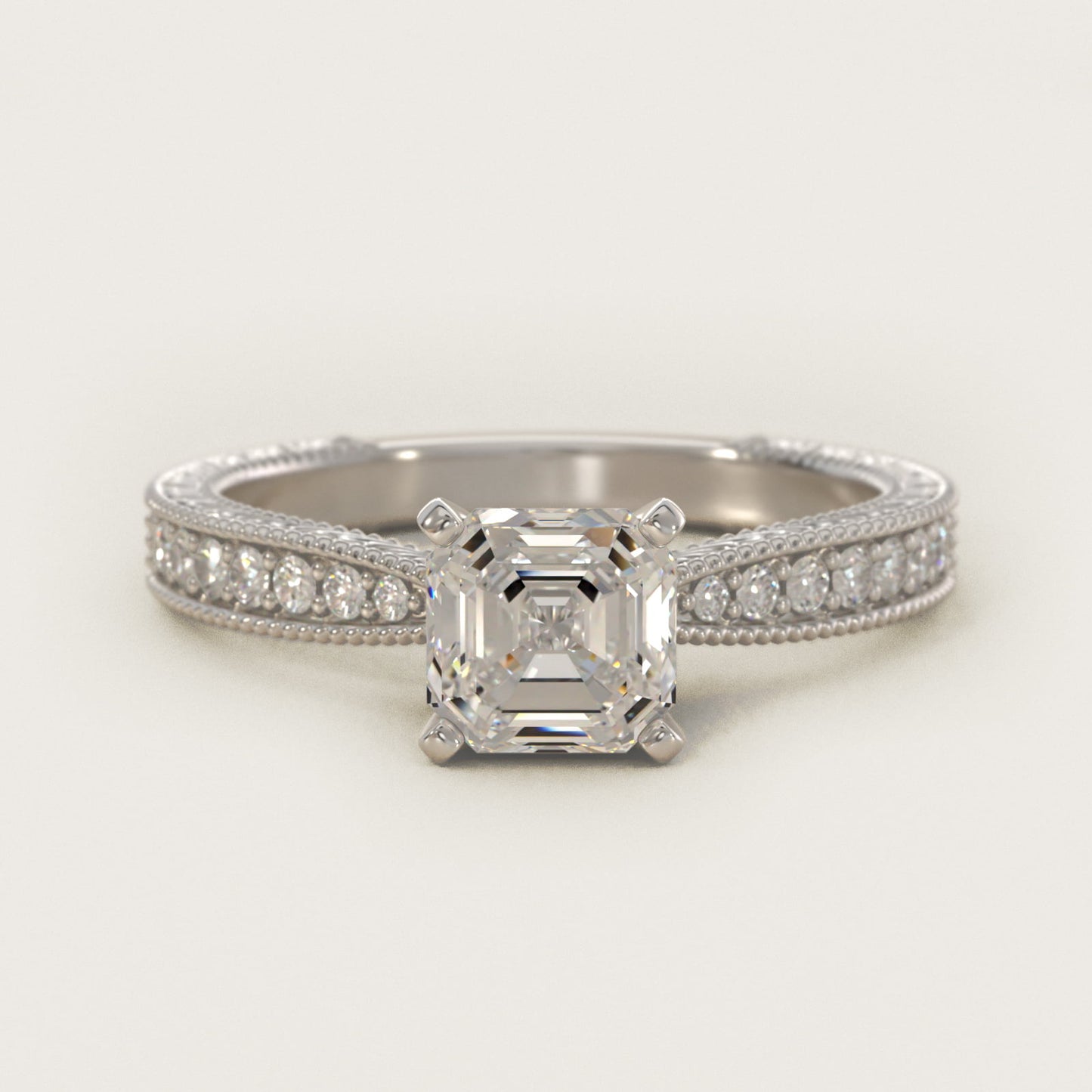 Hand-Engraved MicropavŽ Diamond Engagement Ring in 18k White Gold (1/6 ct. tw.) - Asscher Center