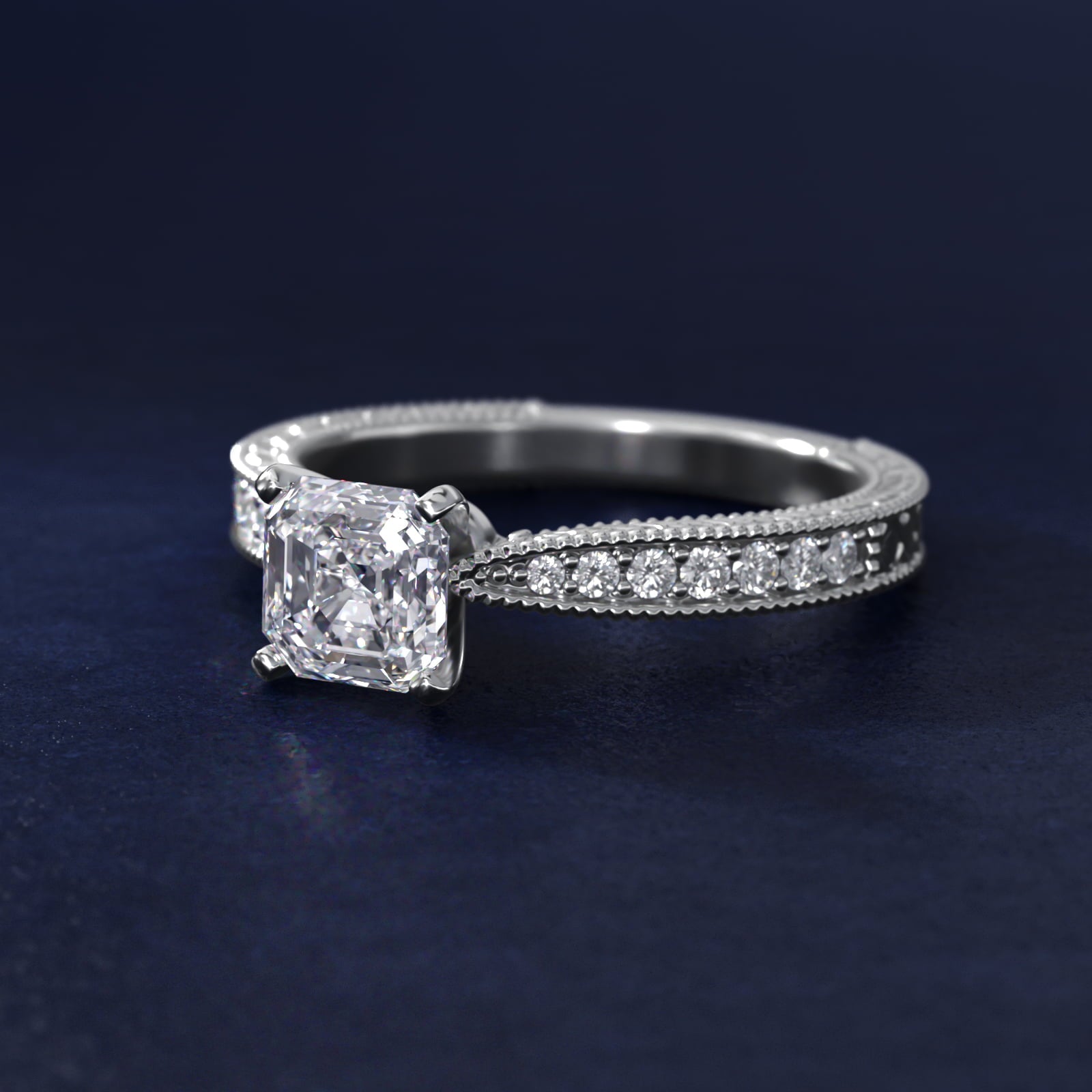 Hand-Engraved MicropavŽ Diamond Engagement Ring in Platinum (1/6 ct. tw.) - Asscher Center
