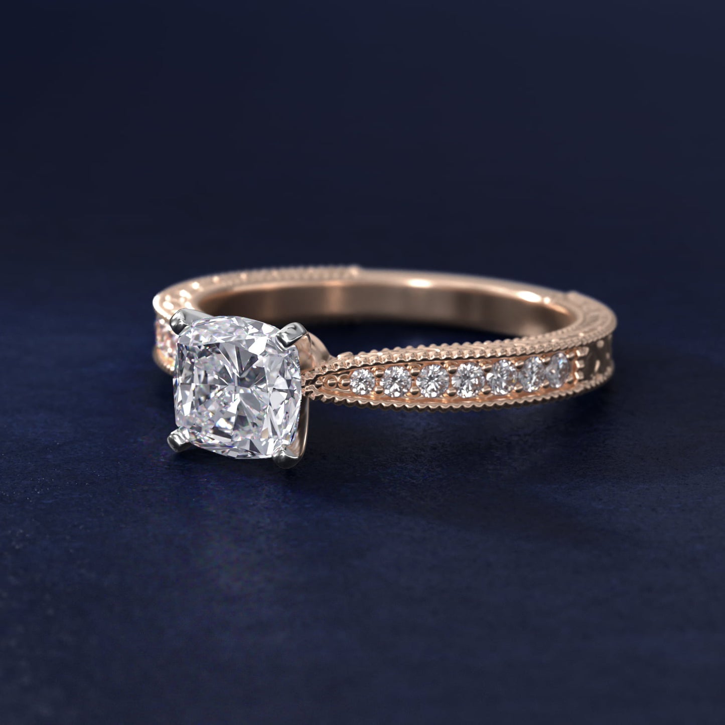 Hand-Engraved MicropavŽ Diamond Engagement Ring in 14k Rose Gold (1/6 ct. tw.) - Cushion Center