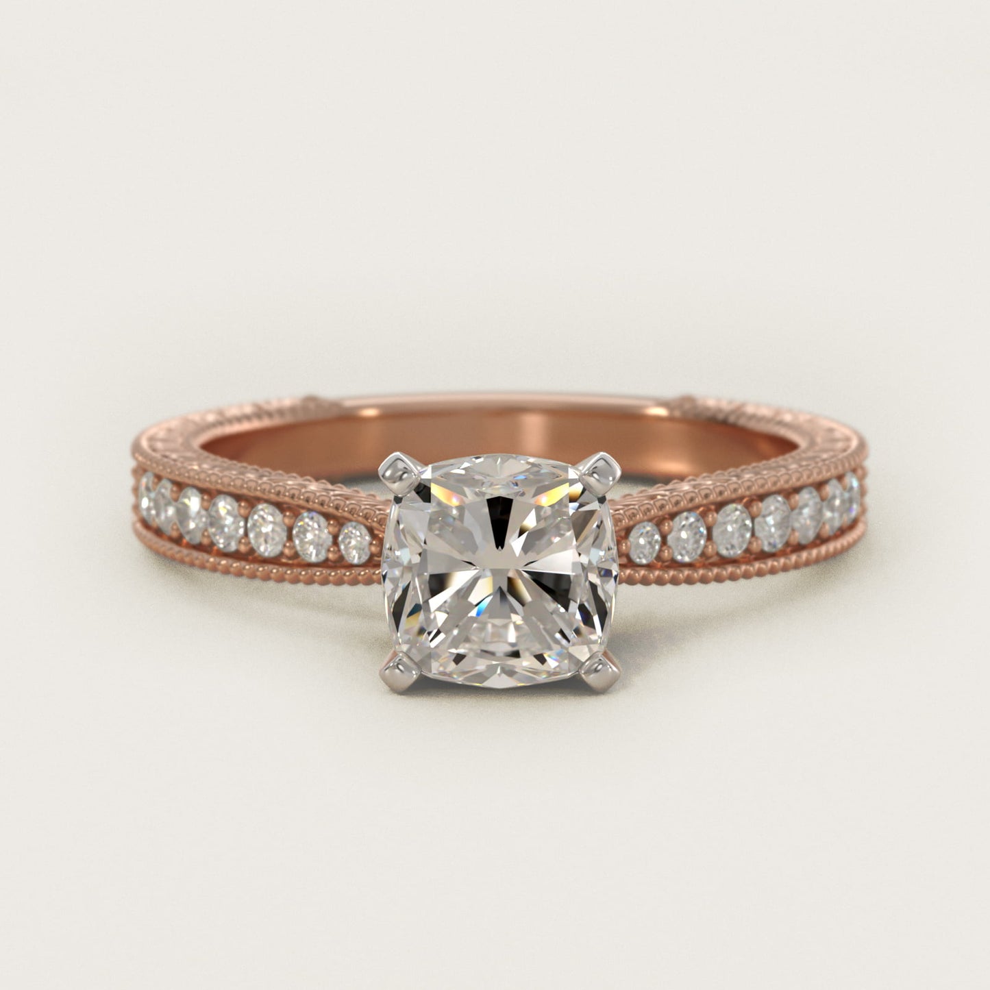 Hand-Engraved MicropavŽ Diamond Engagement Ring in 14k Rose Gold (1/6 ct. tw.) - Cushion Center