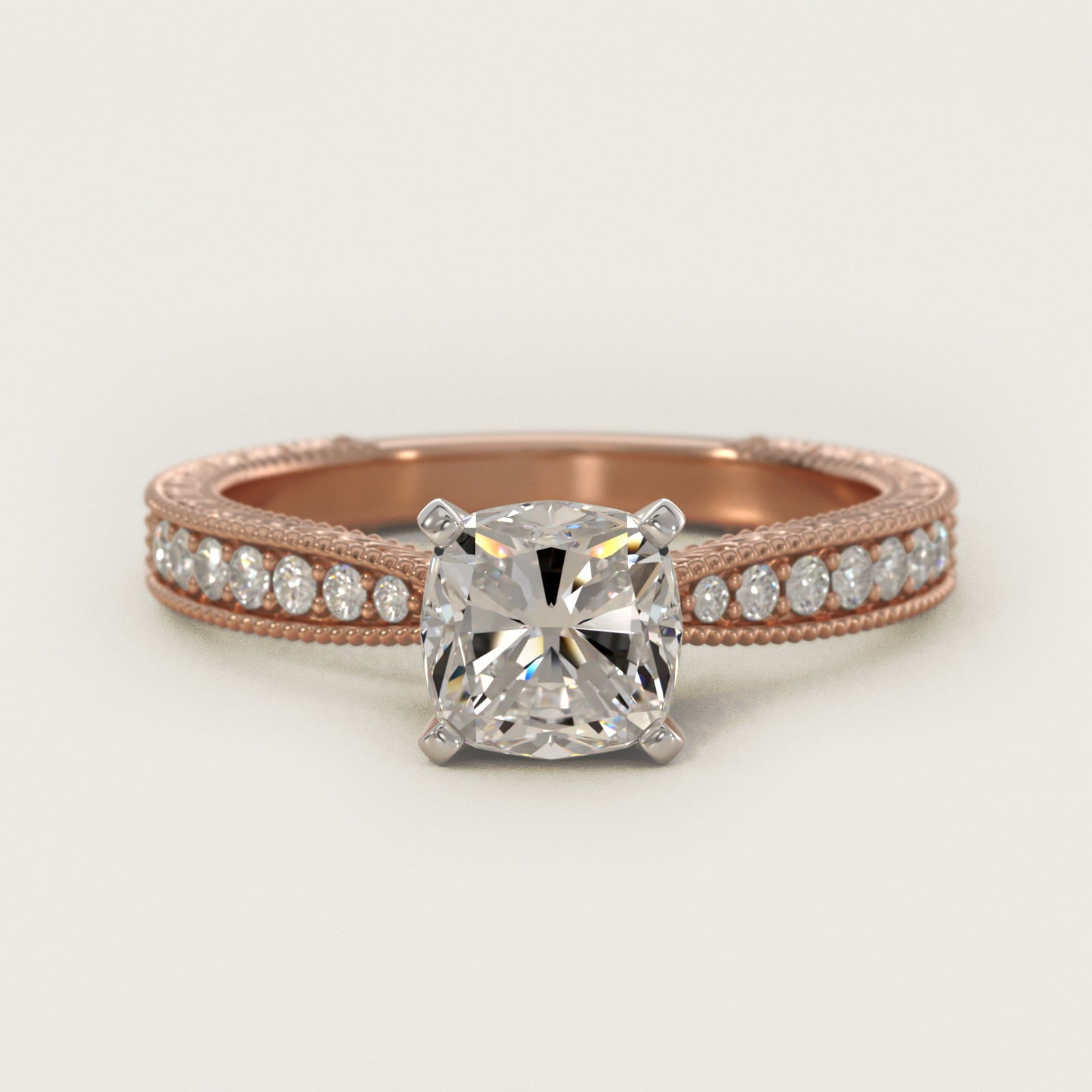 Hand-Engraved MicropavŽ Diamond Engagement Ring in 18k Rose Gold (1/6 ct. tw.) - Cushion Center