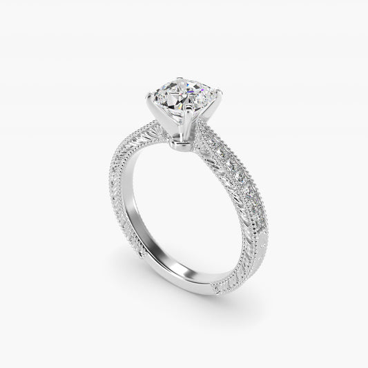 Hand-Engraved MicropavŽ Diamond Engagement Ring in 18k White Gold (1/6 ct. tw.) - Cushion Center
