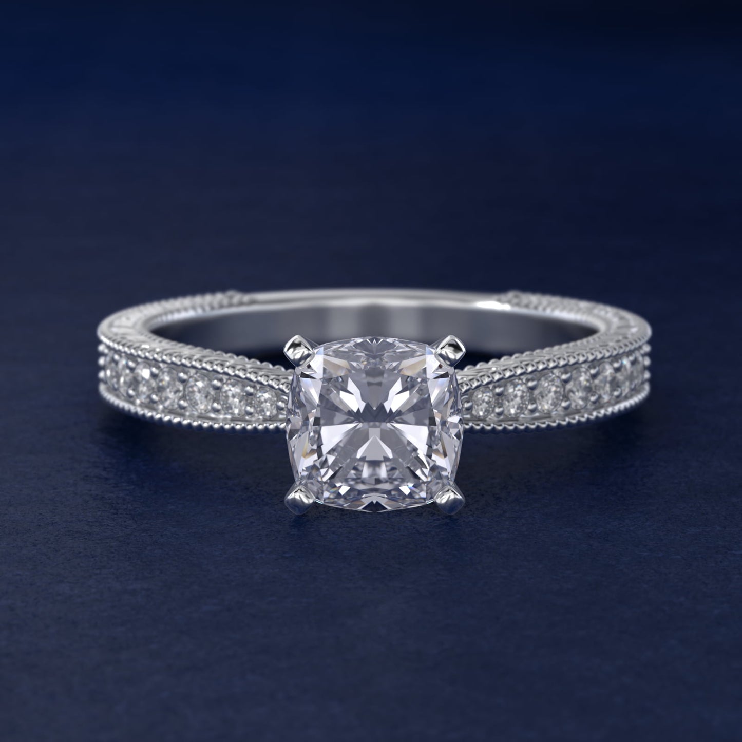 Hand-Engraved MicropavŽ Diamond Engagement Ring in 18k White Gold (1/6 ct. tw.) - Cushion Center
