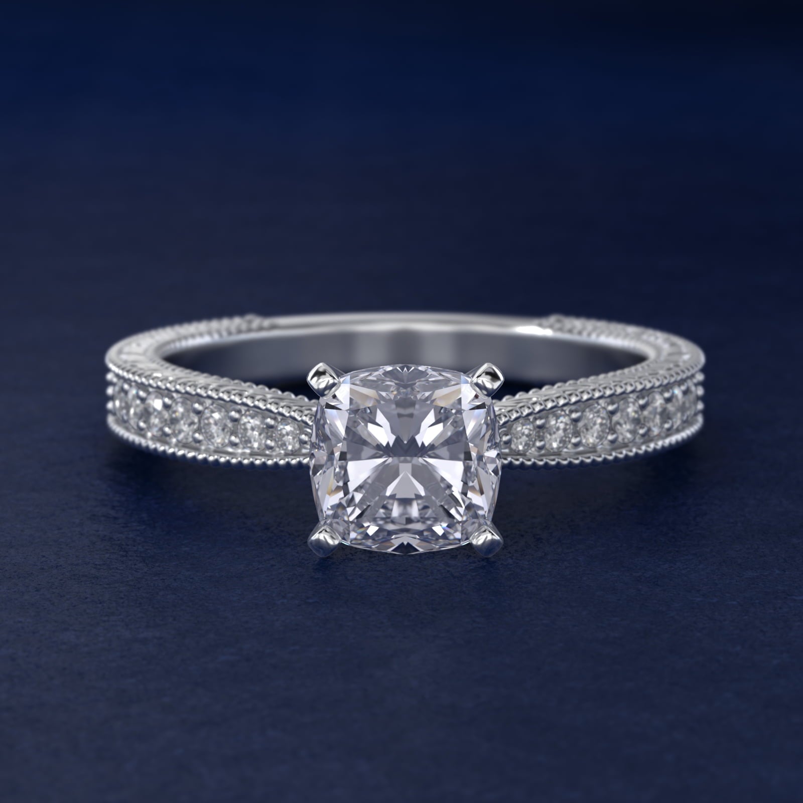 Hand-Engraved MicropavŽ Diamond Engagement Ring in 18k White Gold (1/6 ct. tw.) - Cushion Center