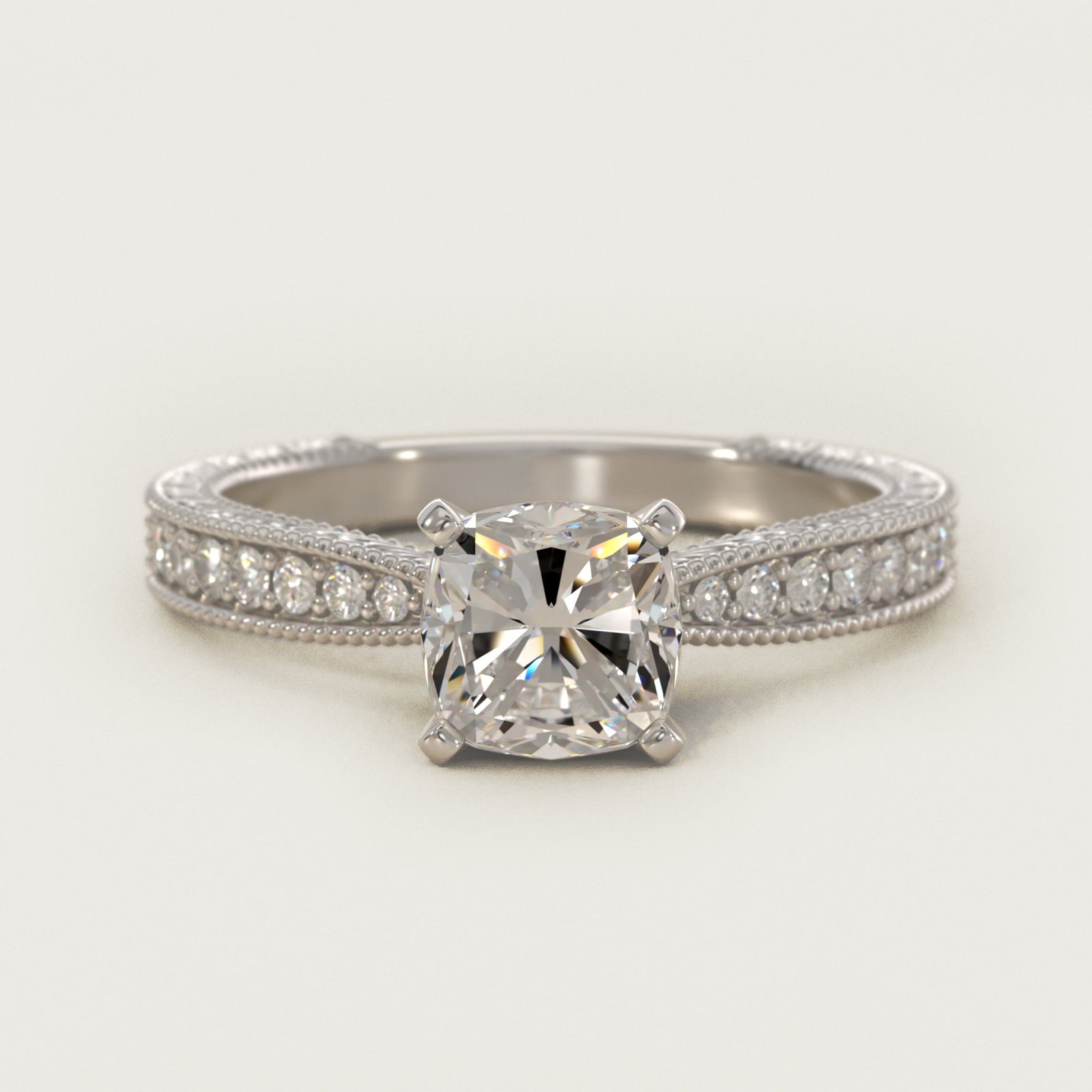 Hand-Engraved MicropavŽ Diamond Engagement Ring in 18k White Gold (1/6 ct. tw.) - Cushion Center
