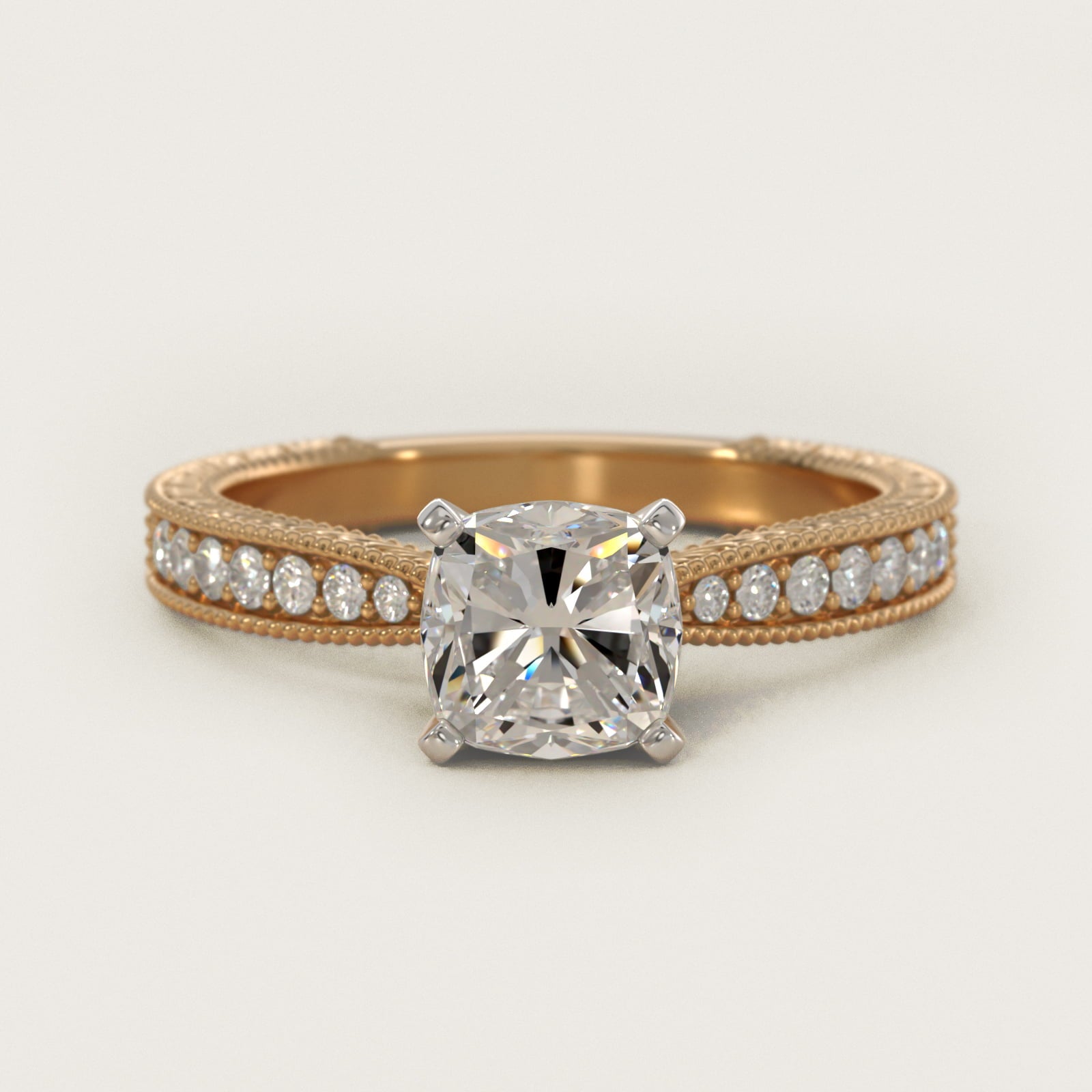 Hand-Engraved MicropavŽ Diamond Engagement Ring in 14K Yellow Gold (1/6 ct. tw.) - Cushion Center