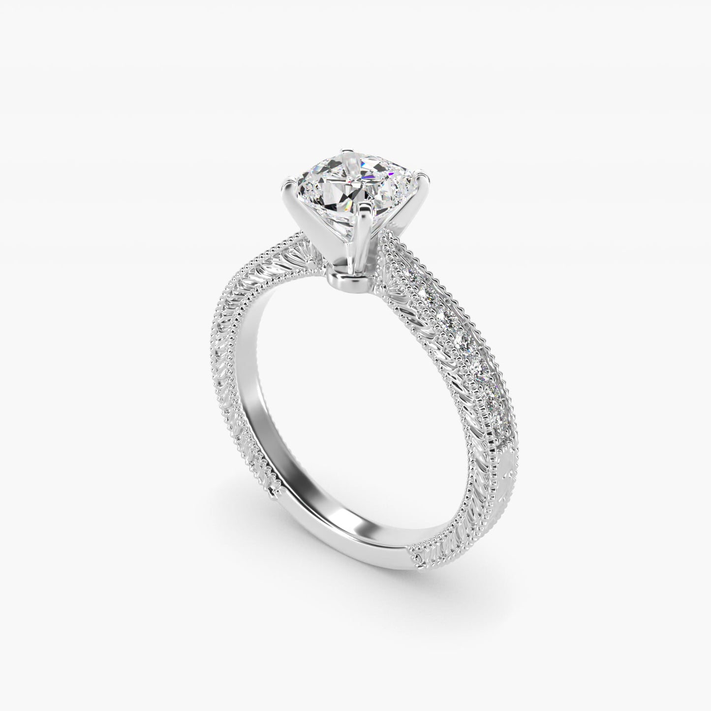 Hand-Engraved MicropavŽ Diamond Engagement Ring in Platinum (1/6 ct. tw.) - Cushion Center