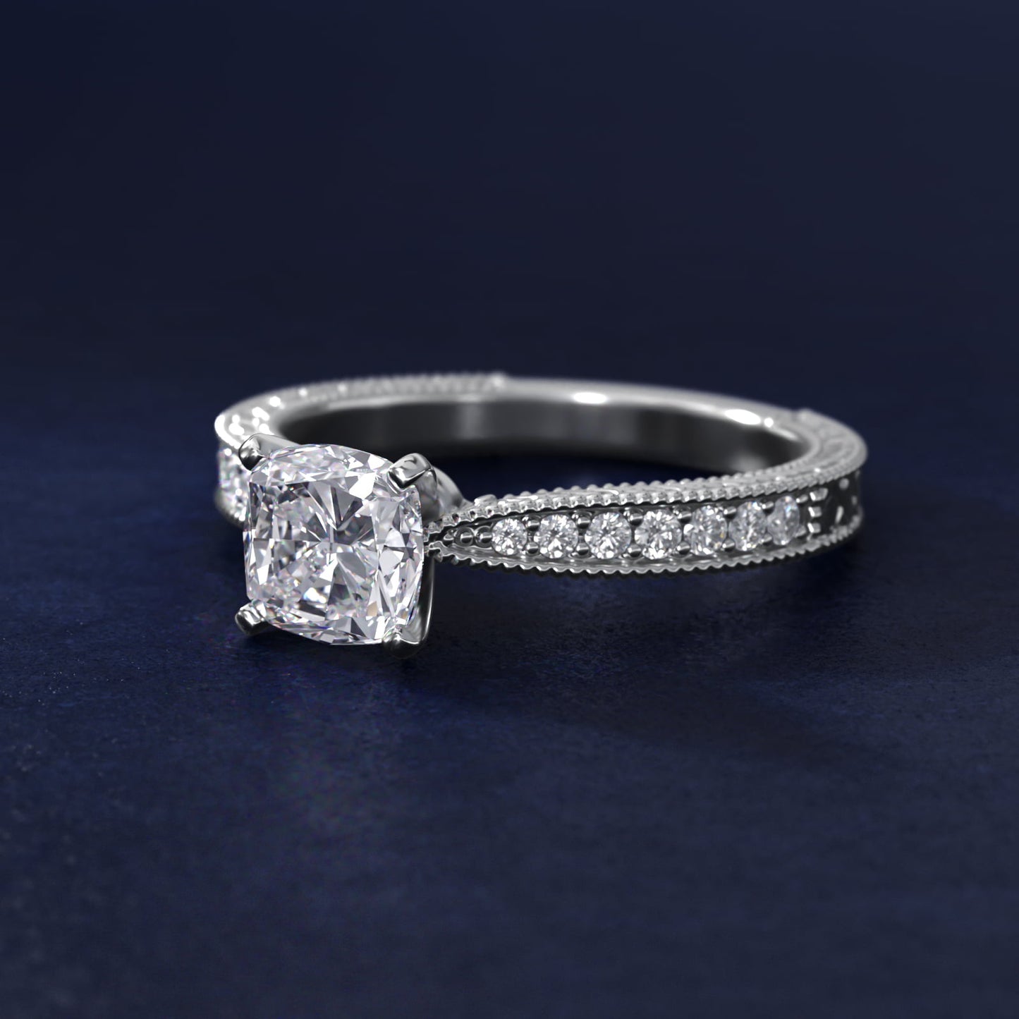 Hand-Engraved MicropavŽ Diamond Engagement Ring in Platinum (1/6 ct. tw.) - Cushion Center