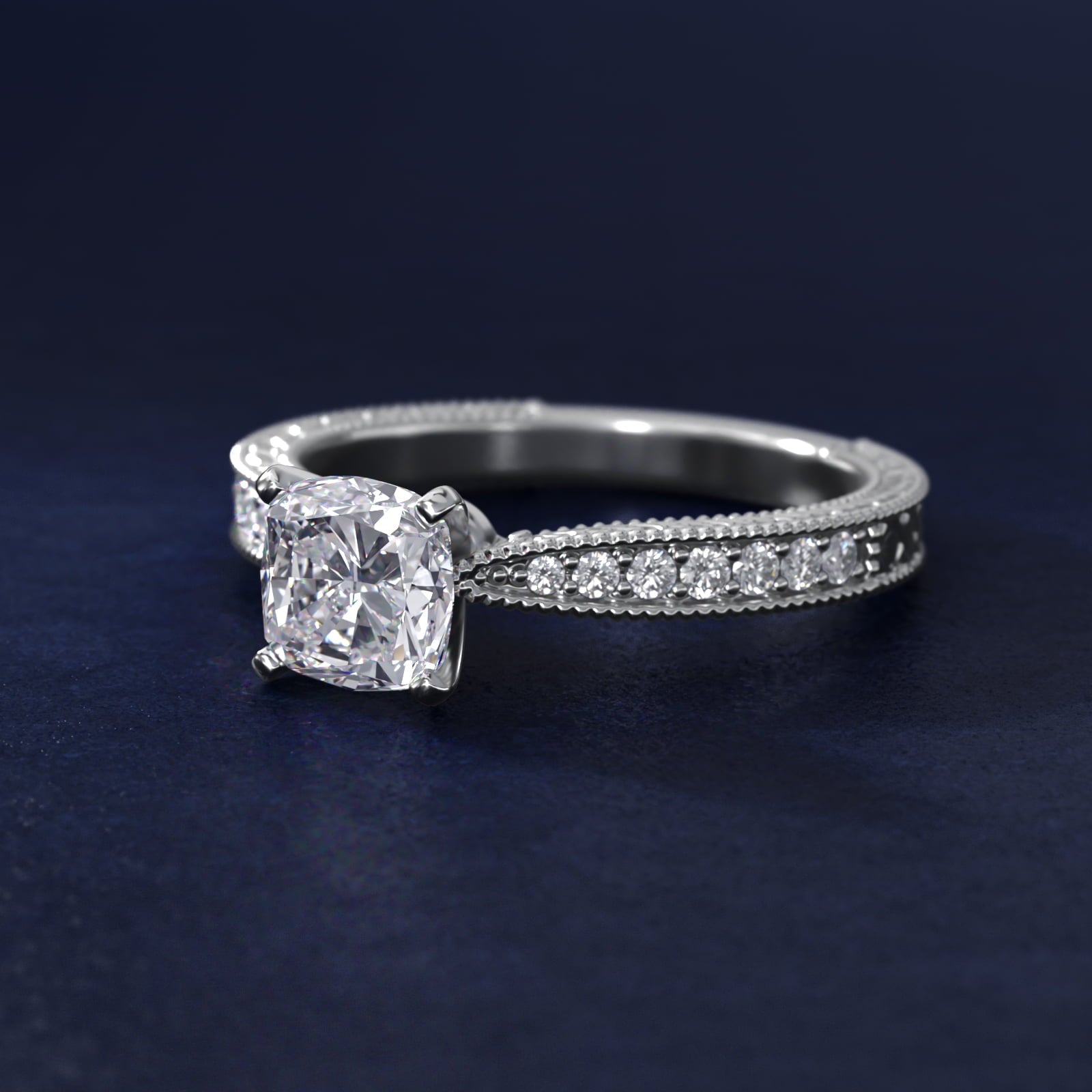 Hand-Engraved MicropavŽ Diamond Engagement Ring in Platinum (1/6 ct. tw.) - Cushion Center