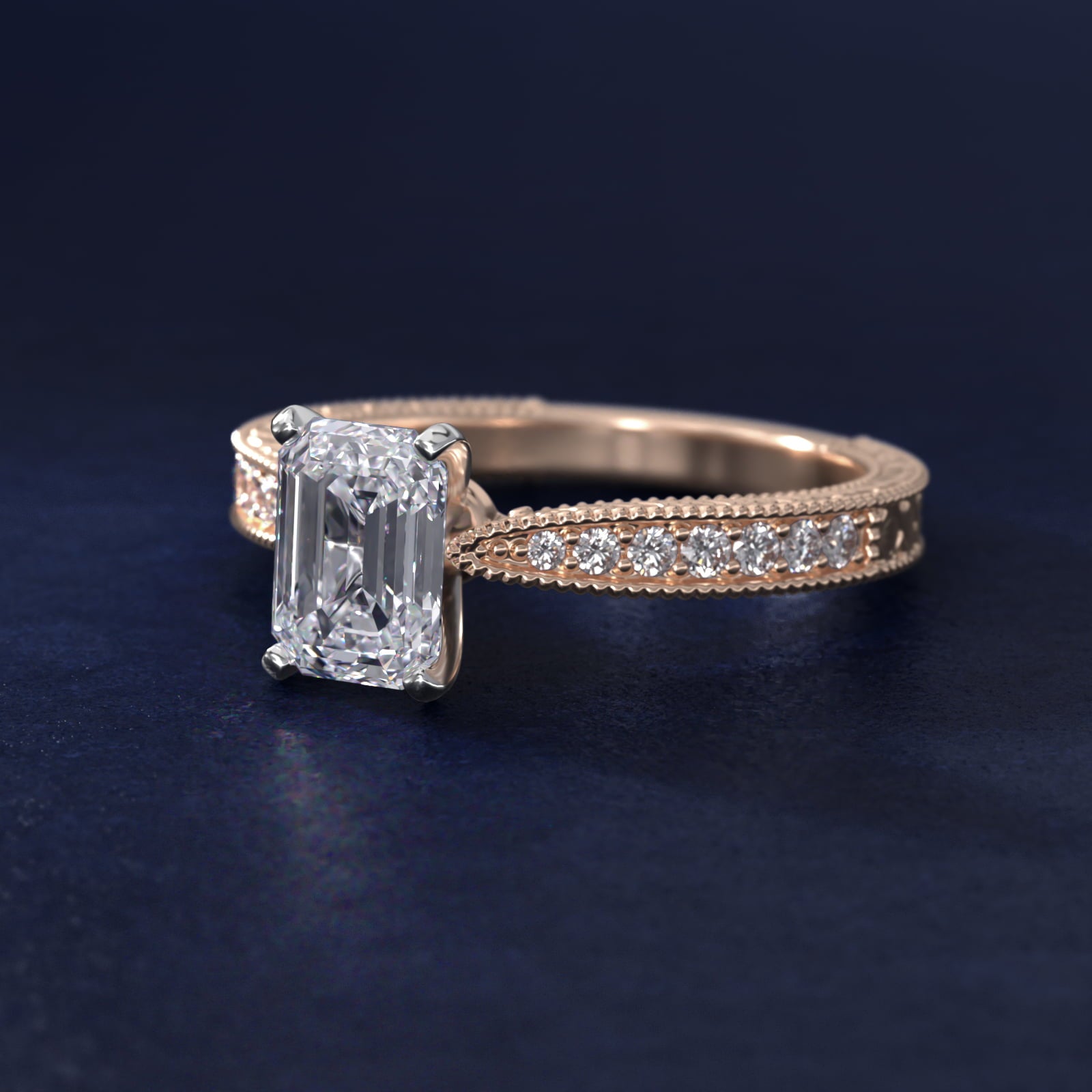 Hand-Engraved MicropavŽ Diamond Engagement Ring in 18k Rose Gold (1/6 ct. tw.) - Emerald Center