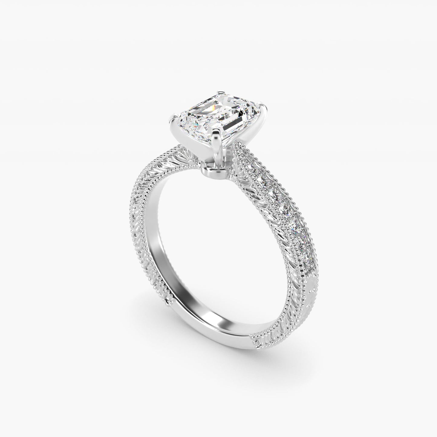 Hand-Engraved MicropavŽ Diamond Engagement Ring in 18k White Gold (1/6 ct. tw.) - Emerald Center