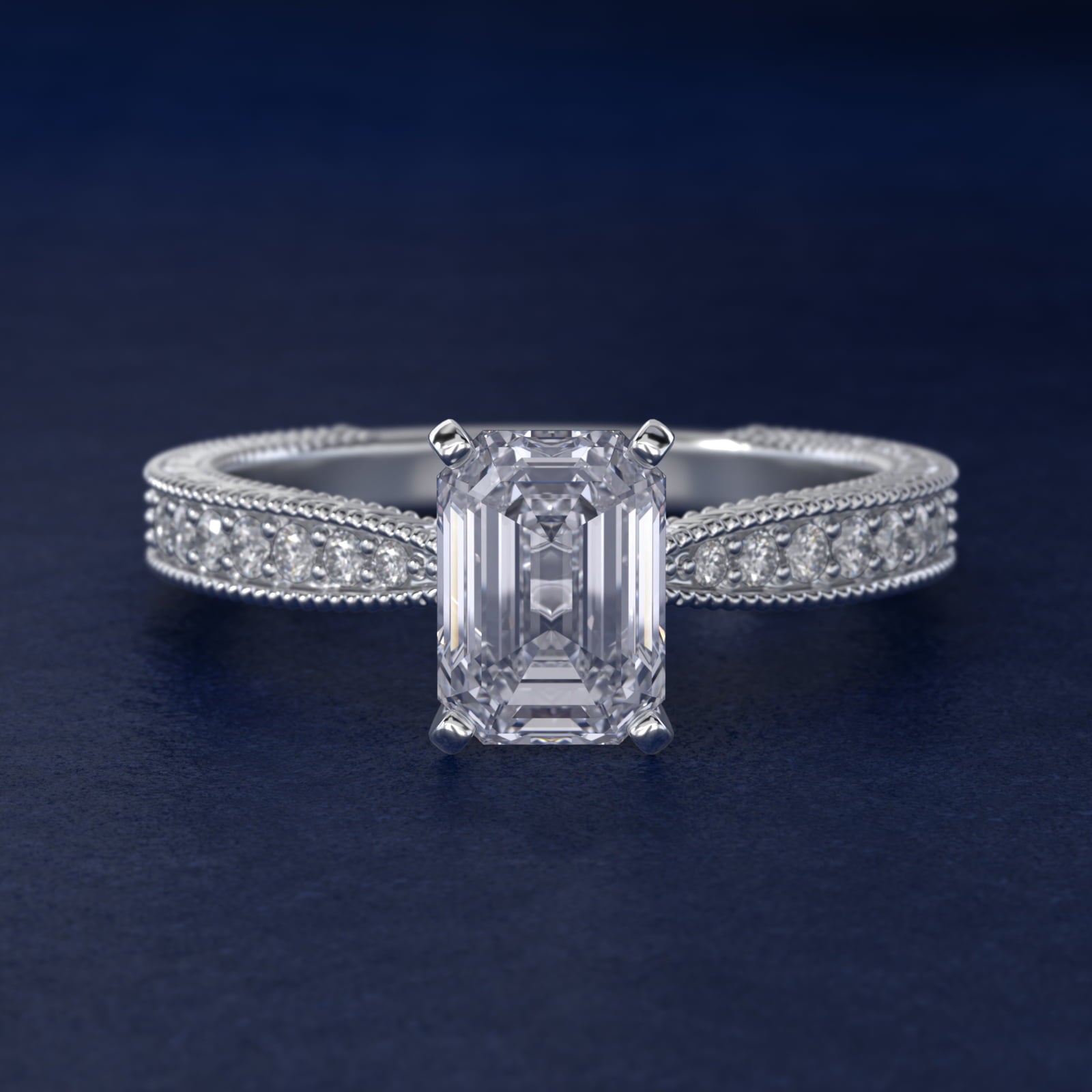 Hand-Engraved MicropavŽ Diamond Engagement Ring in 18k White Gold (1/6 ct. tw.) - Emerald Center