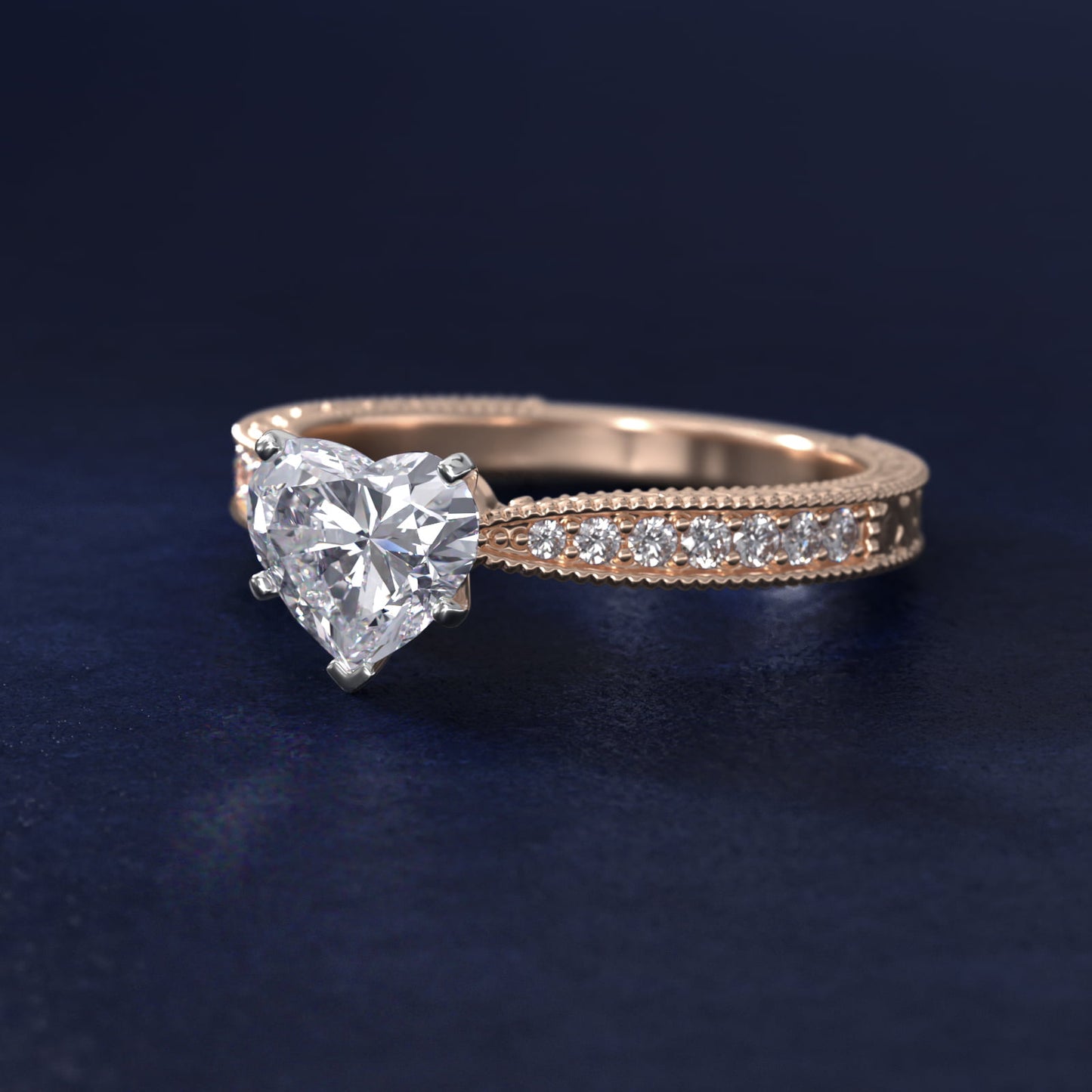 Hand-Engraved MicropavŽ Diamond Engagement Ring in 14k Rose Gold (1/6 ct. tw.) - Heart Center