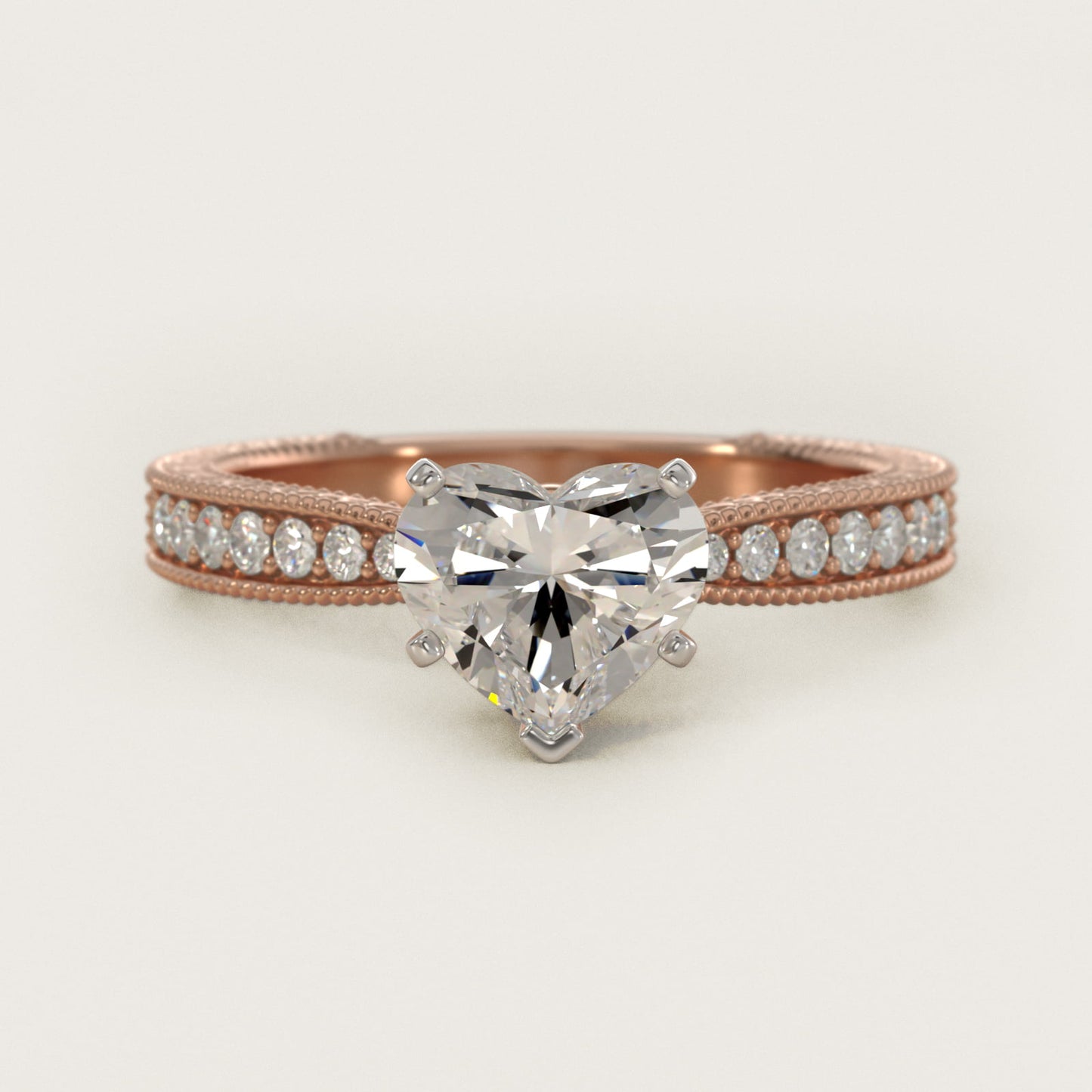 Hand-Engraved MicropavŽ Diamond Engagement Ring in 18k Rose Gold (1/6 ct. tw.) - Heart Center