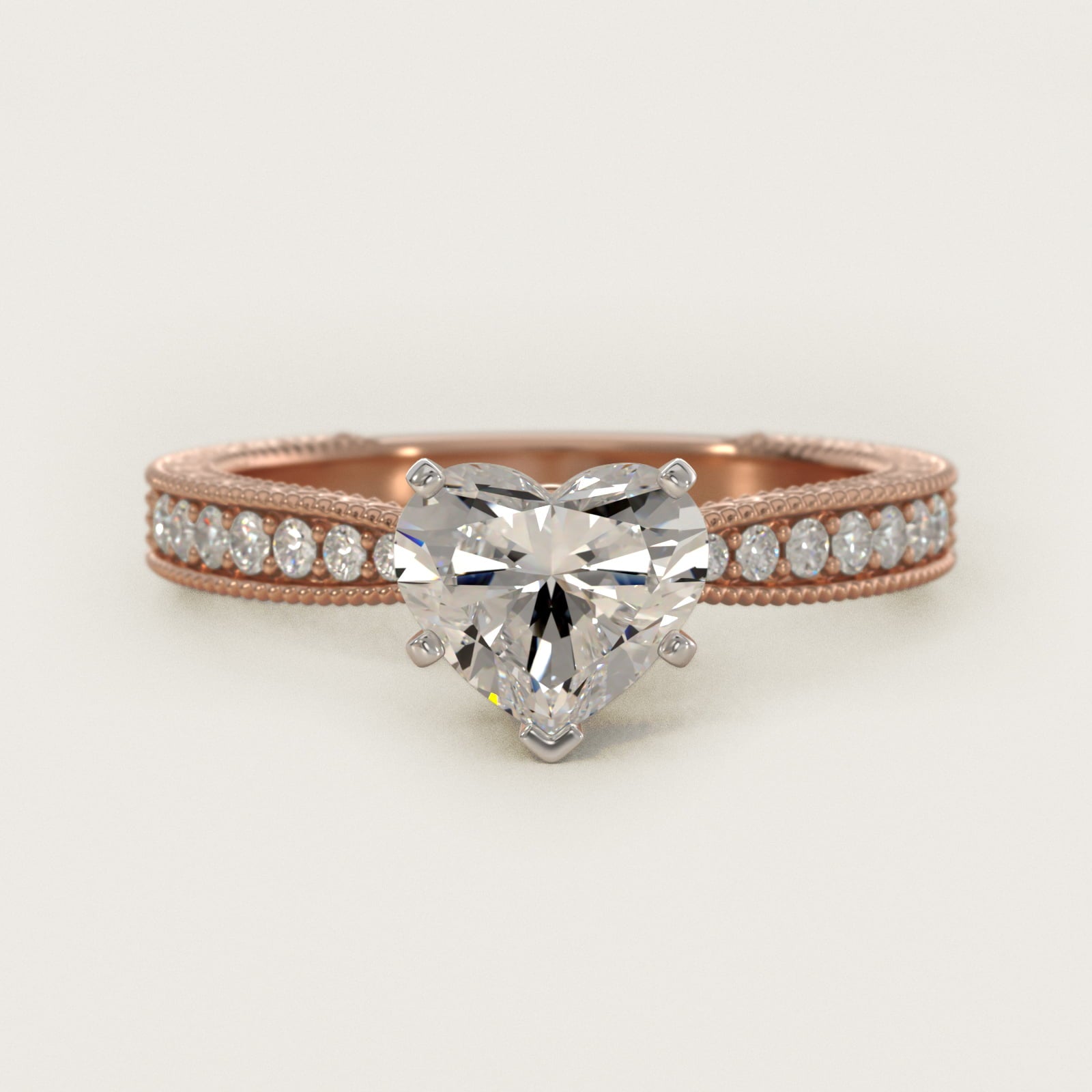 Hand-Engraved MicropavŽ Diamond Engagement Ring in 18k Rose Gold (1/6 ct. tw.) - Heart Center