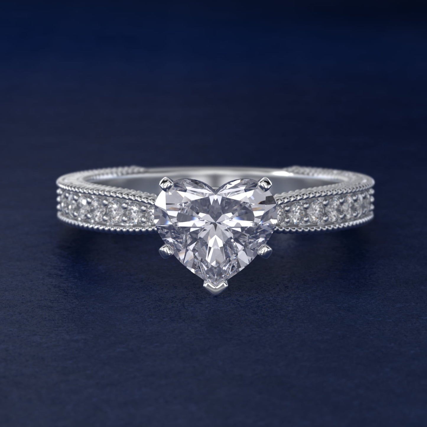 Hand-Engraved MicropavŽ Diamond Engagement Ring in 18k White Gold (1/6 ct. tw.) - Heart Center