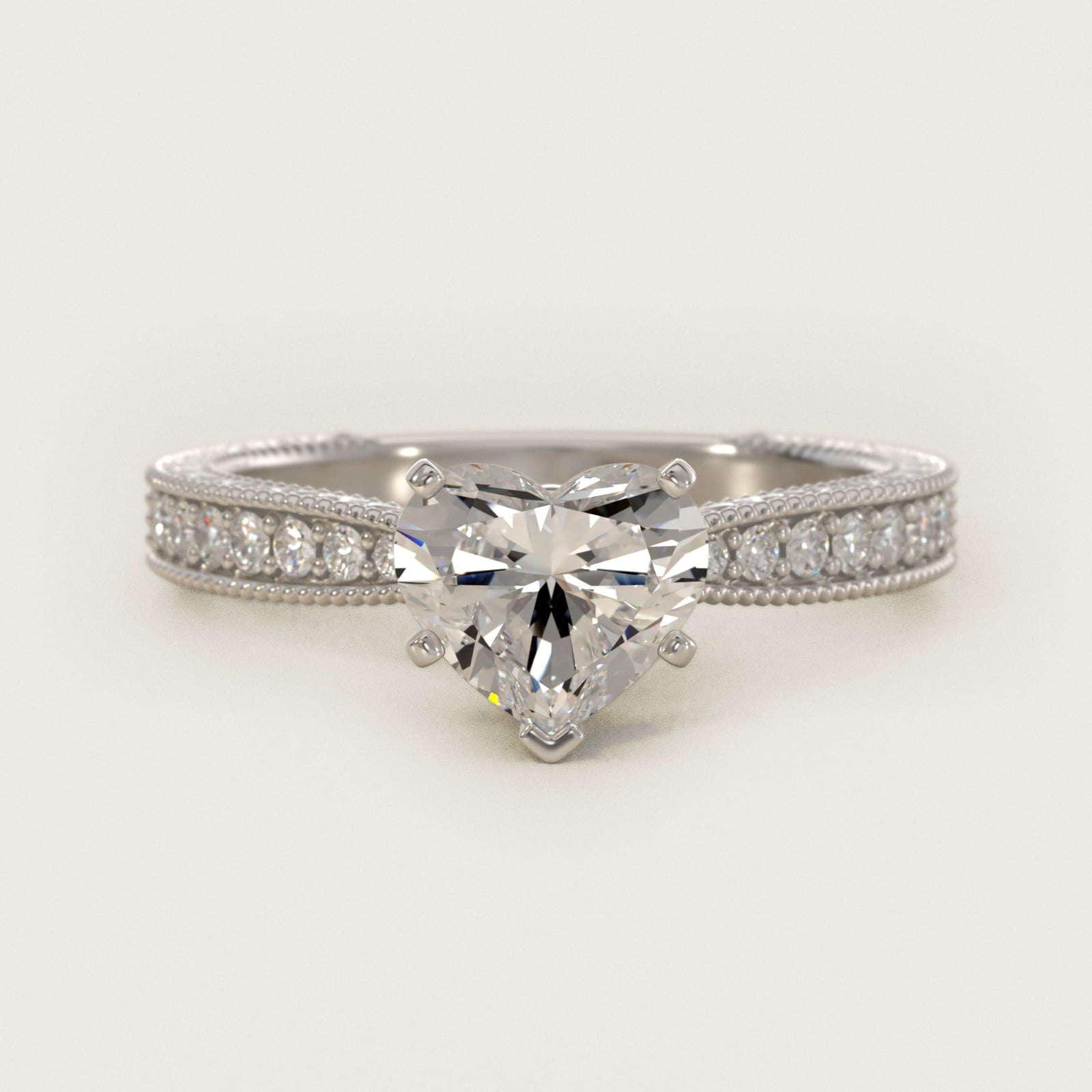 Hand-Engraved MicropavŽ Diamond Engagement Ring in 18k White Gold (1/6 ct. tw.) - Heart Center