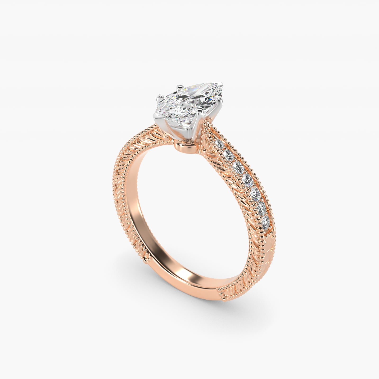 Hand-Engraved MicropavŽ Diamond Engagement Ring in 14k Rose Gold (1/6 ct. tw.) - Marquise Center